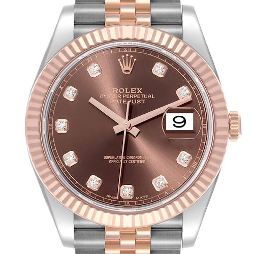 The Rolex Datejust 41 is shown from the front, highlighting the bezel, dial, hands, markers, date window, and part of the bracelet.