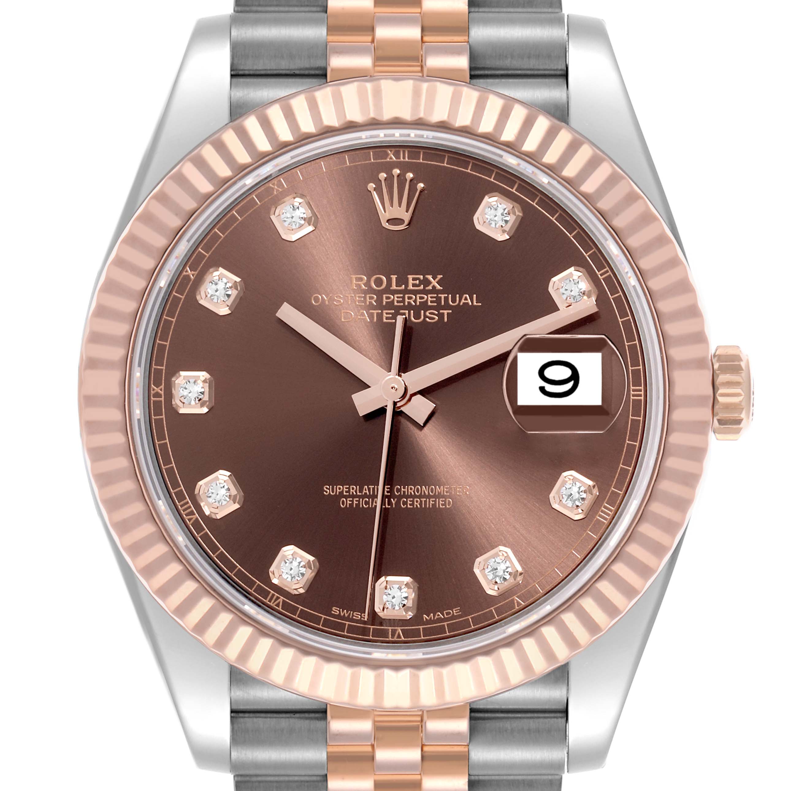 The image shows a frontal view of a Rolex Datejust 41 126331 Men
s Steel and Gold (two tone) Brown Dial 126331 Men
s Steel and Gold (two tone) Brown Dial, highlighting the dial, bezel, and part of the bracelet.