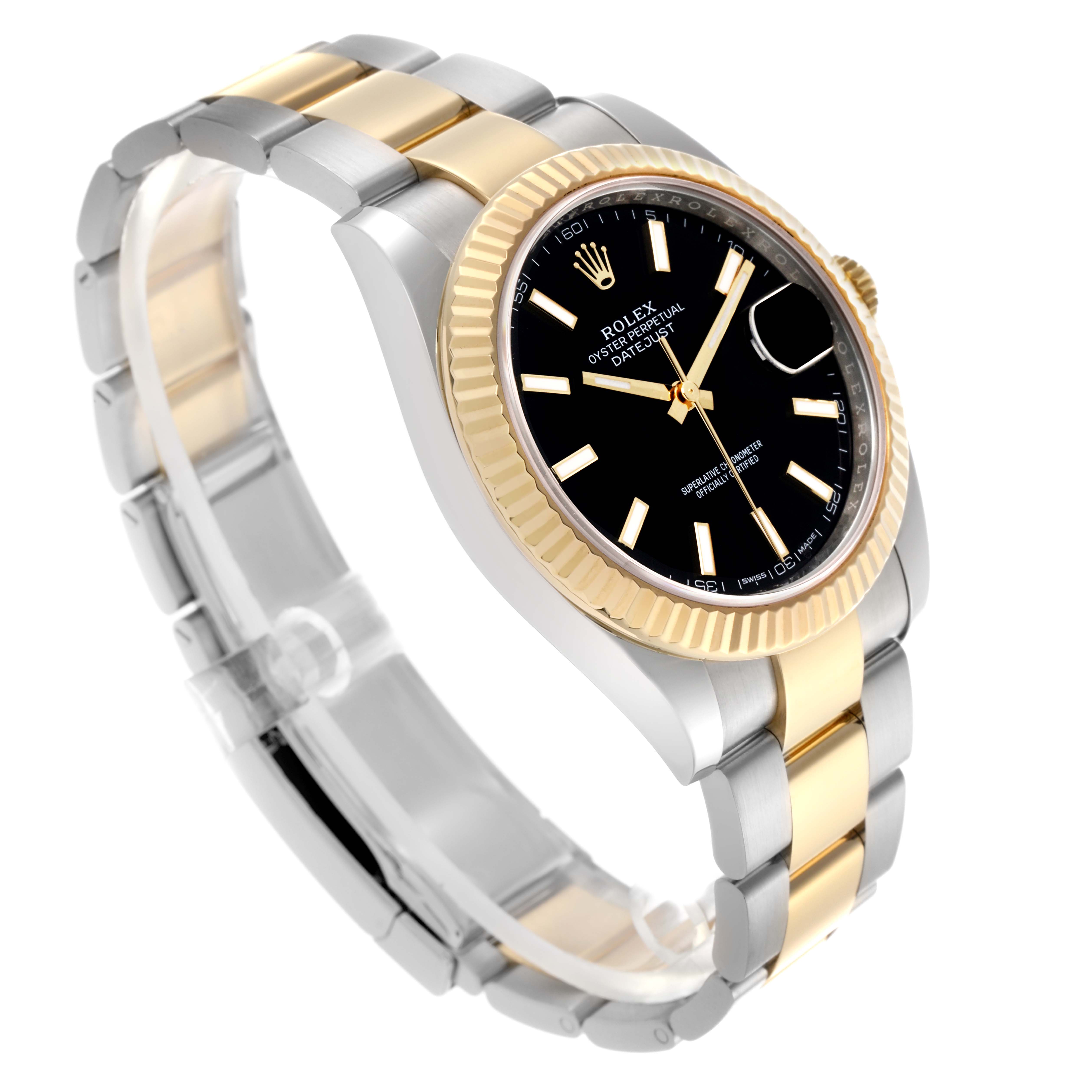 The Rolex Datejust 41 126333 Men's Steel and Gold (two tone) Black Dial 126333 Men's Steel and Gold (two tone) Black Dial is shown at an angled side view, highlighting the two-tone bracelet and fluted bezel.