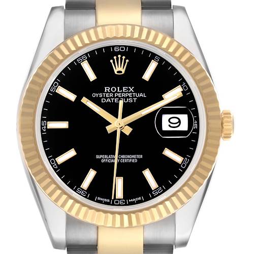 This Rolex Datejust 41 watch is shown from the front, highlighting its dial, bezel, hands, and date window.