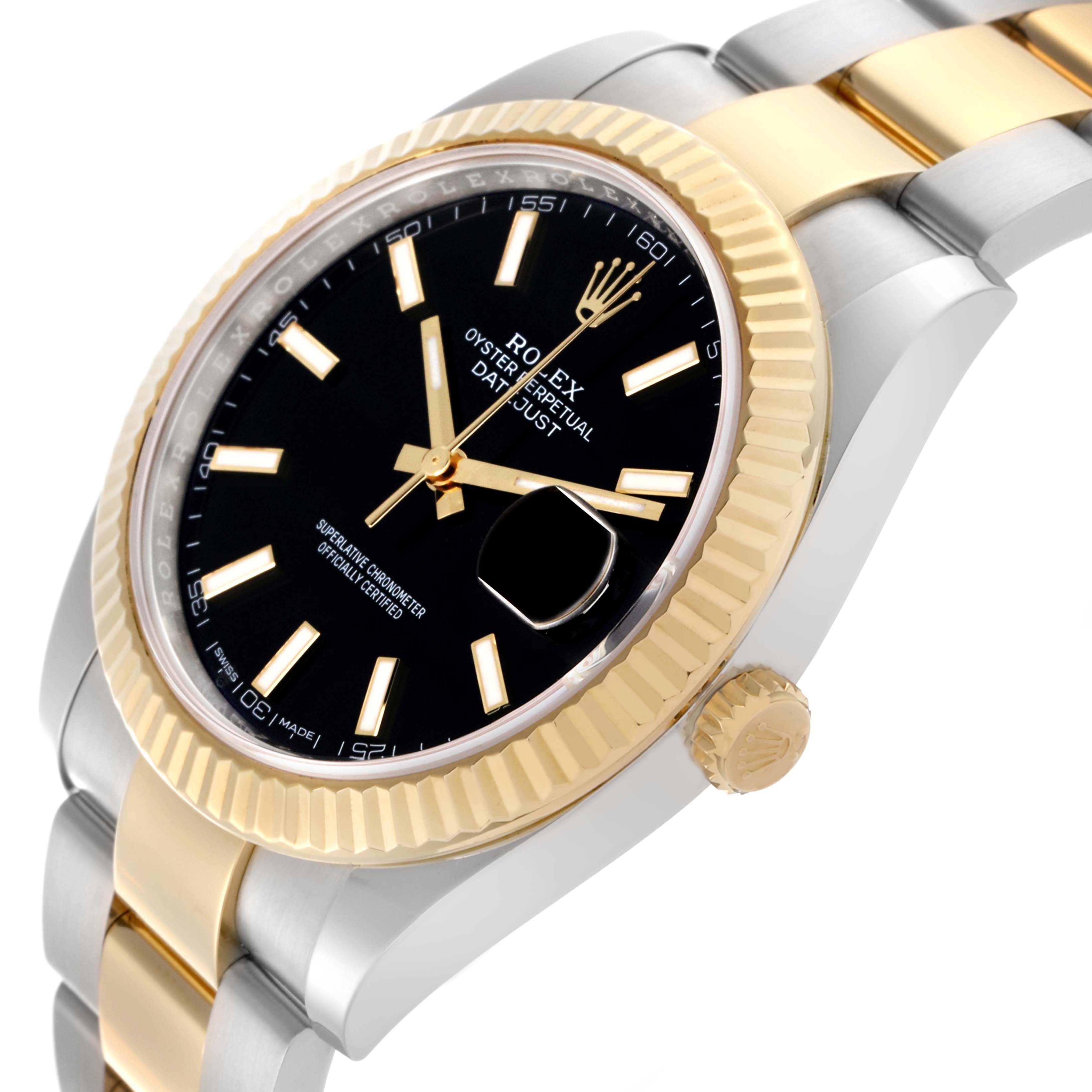 The Rolex Datejust 41 126333 Men's Steel and Gold (two tone) Black Dial 126333 Men's Steel and Gold (two tone) Black Dial watch is shown at an angled side view, highlighting the fluted bezel, black dial, and two-tone bracelet.