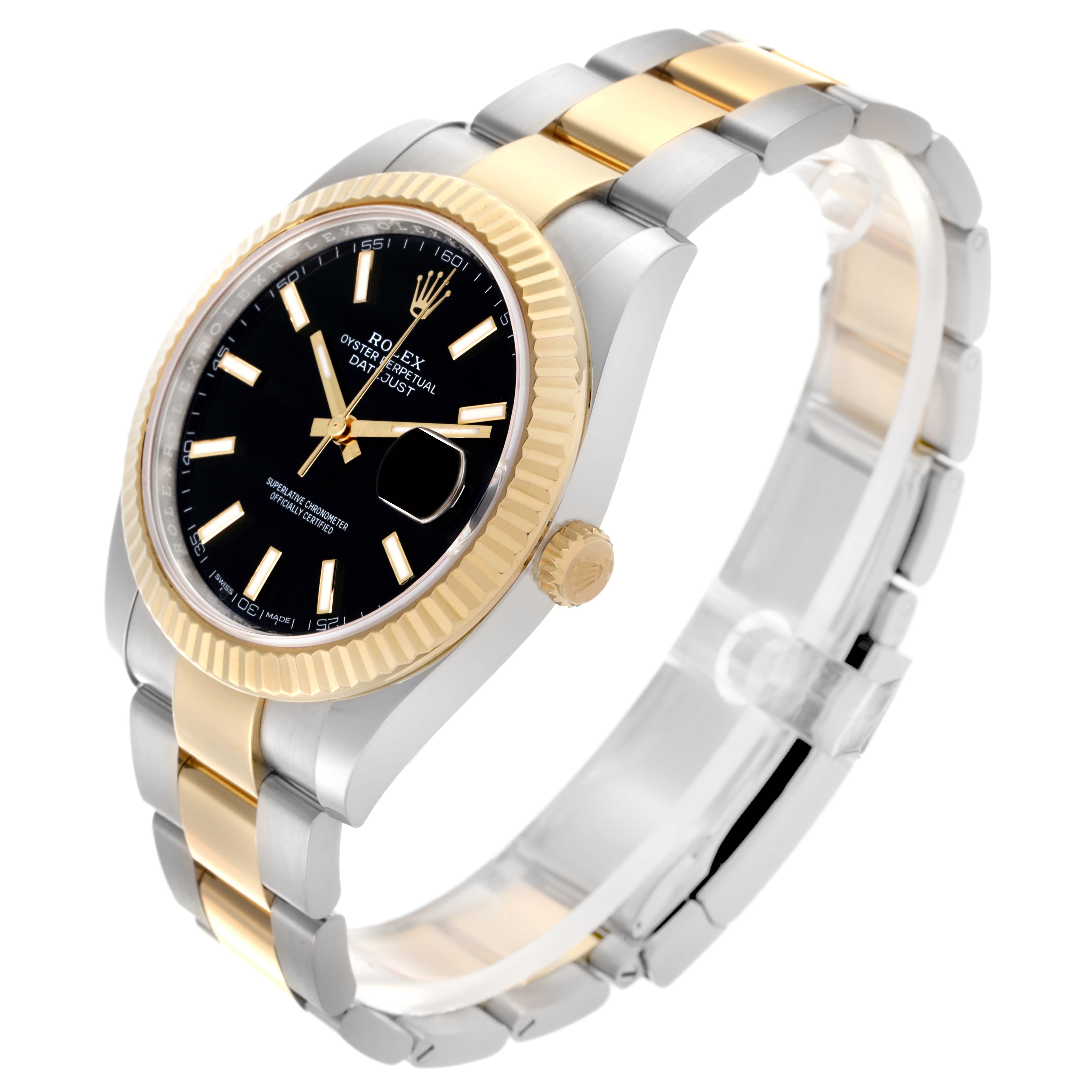 The Rolex Datejust 41 126333 Men's Steel and Gold (two tone) Black Dial 126333 Men's Steel and Gold (two tone) Black Dial is shown at an angled side view, highlighting its two-tone bracelet, fluted bezel, and black dial with date feature.