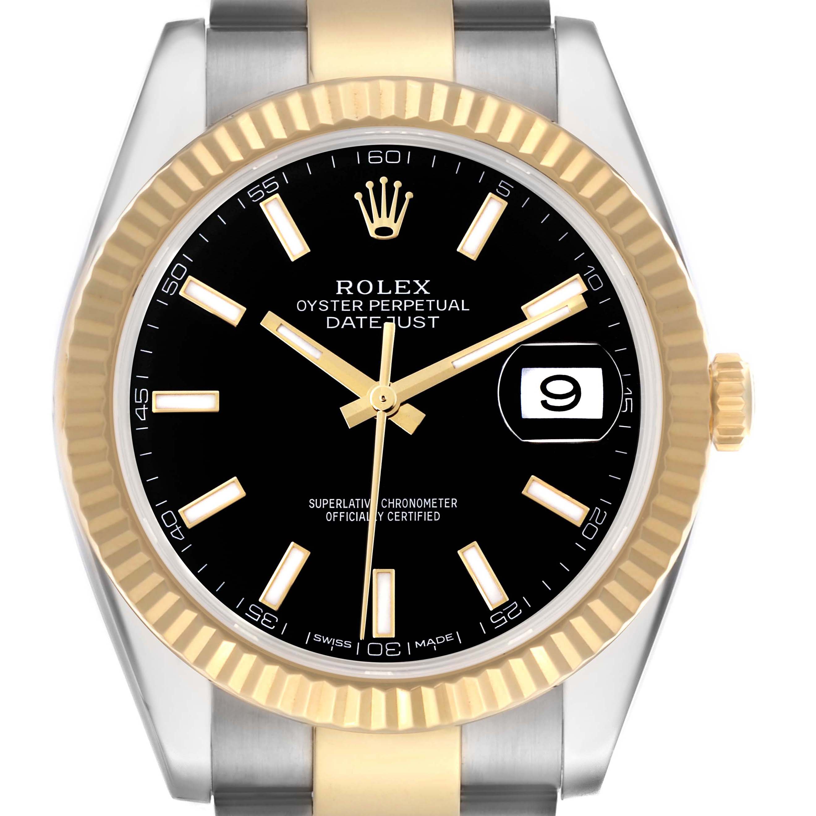 The image shows a Rolex Datejust 41 126333 Men's Steel and Gold (two tone) Black Dial 126333 Men's Steel and Gold (two tone) Black Dial watch from a front angle, displaying the dial, bezel, hour markers, hands, and date window.