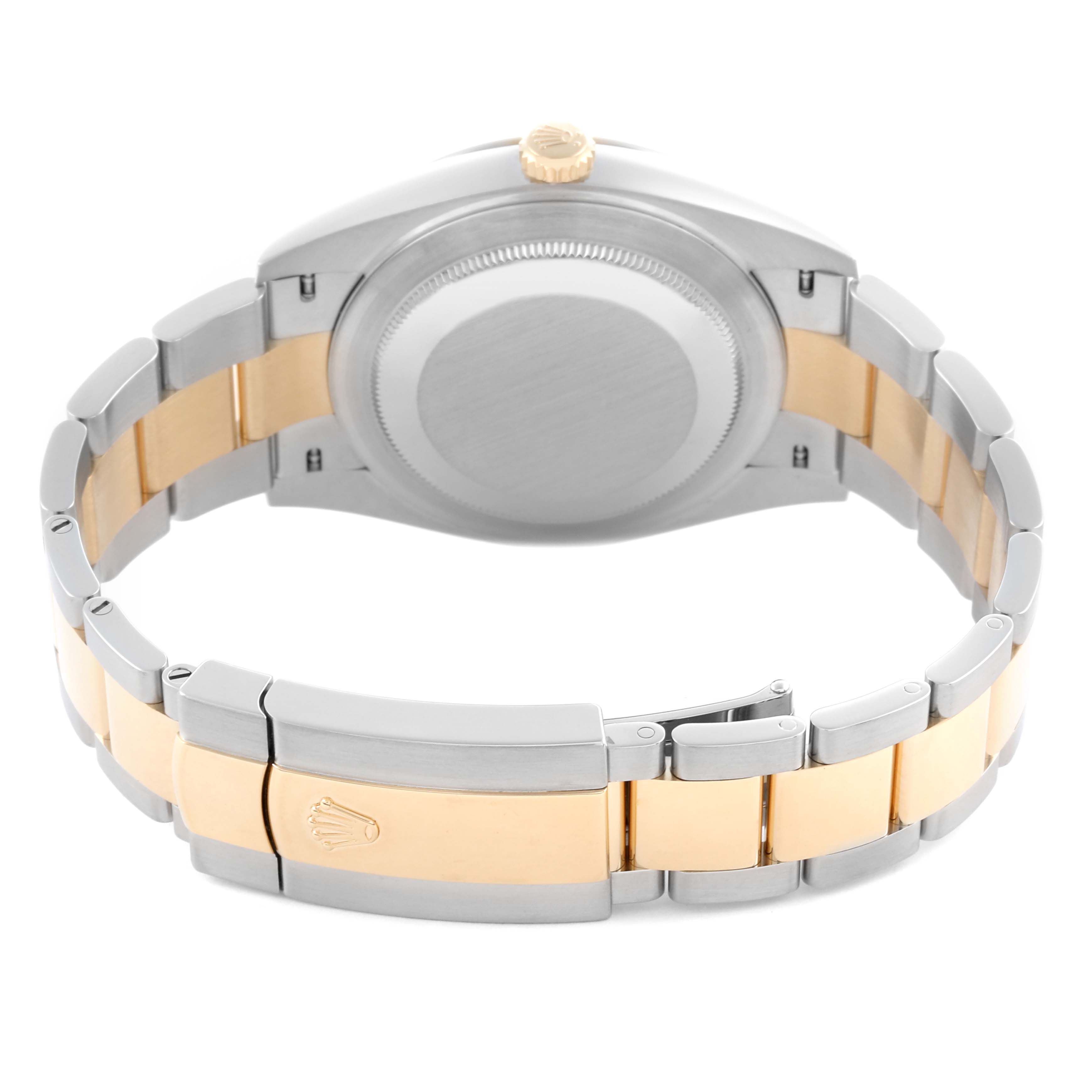 The image shows the back view of a Rolex Datejust 41 126303 Men's Steel and Gold (two tone) Black Dial 126303 Men's Steel and Gold (two tone) Black Dial, highlighting the case back, two-tone bracelet, and clasp.