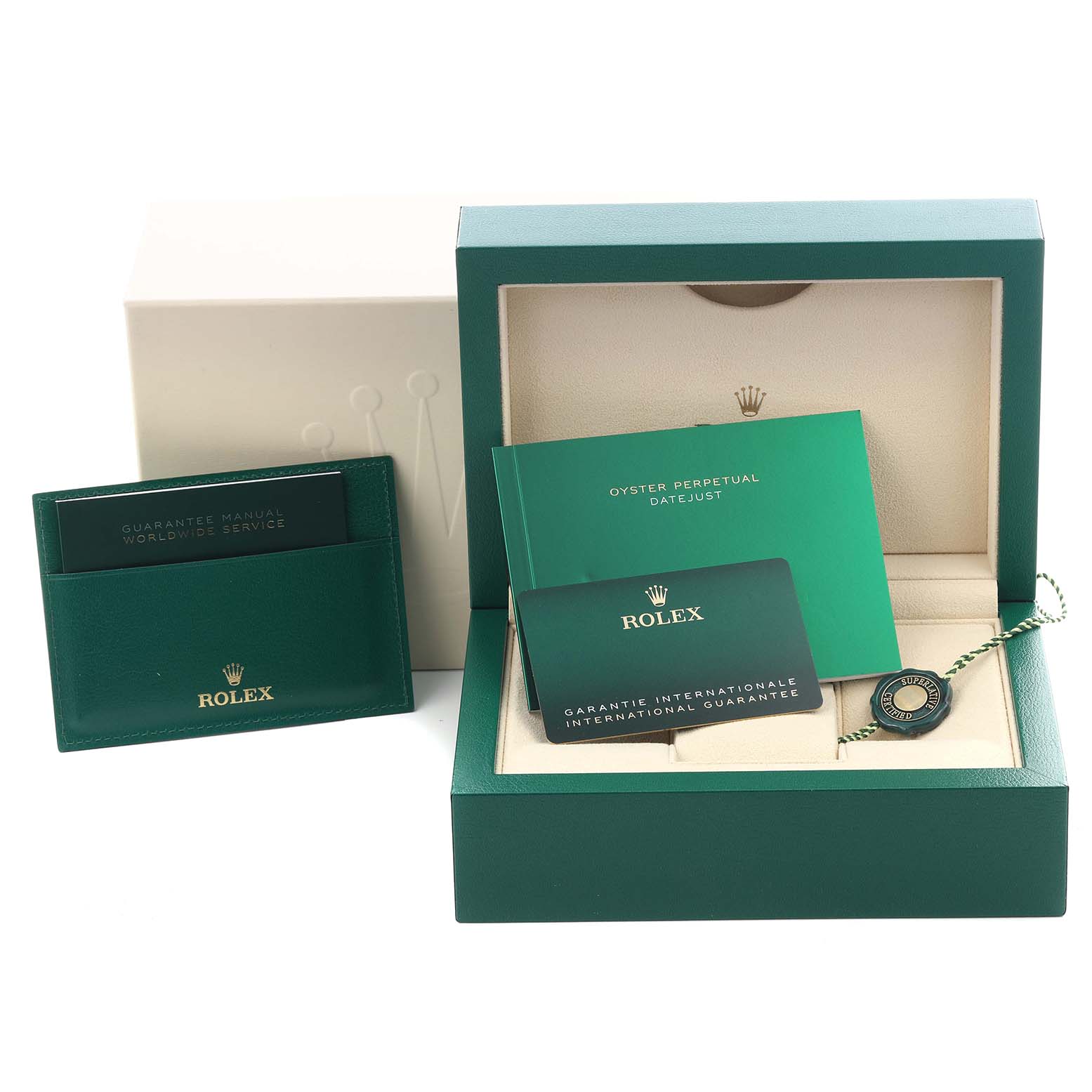 The image shows the Rolex Datejust 41 126303 Men's Steel and Gold (two tone) Black Dial 126303 Men's Steel and Gold (two tone) Black Dial box with accessories including manuals, warranty card, and a tag, viewed from the front.