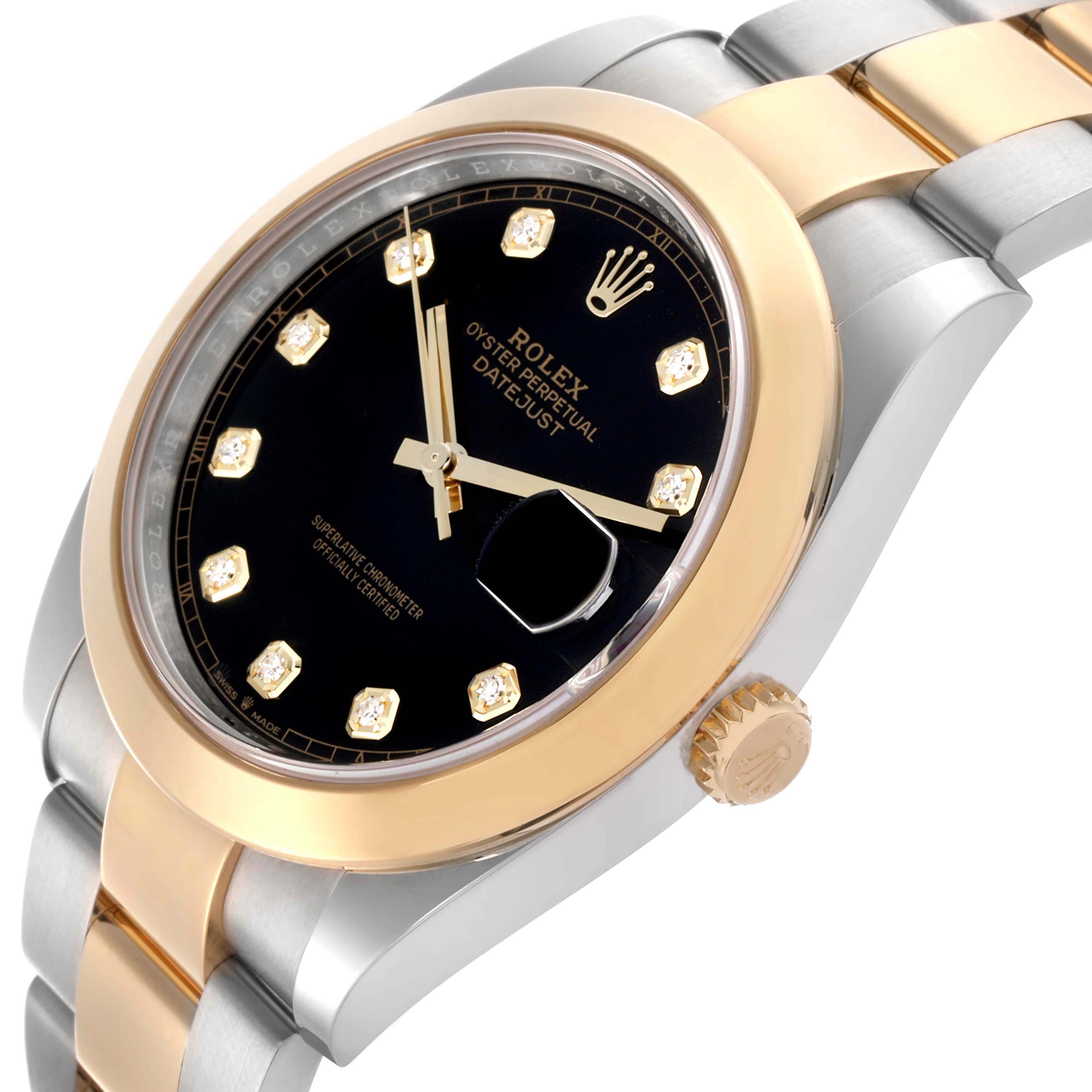 The Rolex Datejust 41 126303 Men's Steel and Gold (two tone) Black Dial 126303 Men's Steel and Gold (two tone) Black Dial watch is shown at an oblique angle, highlighting the bezel, crown, and part of the bracelet.