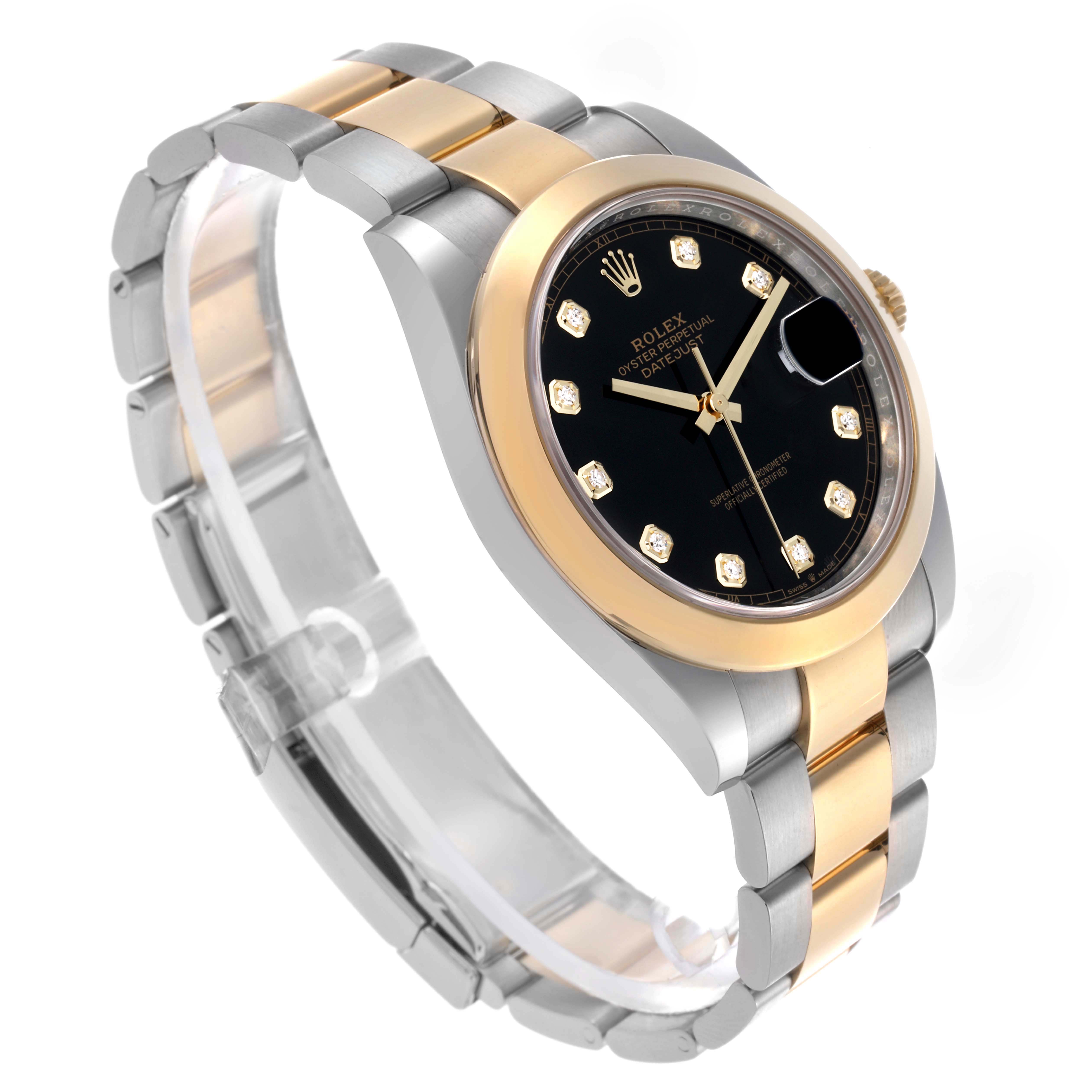 The Rolex Datejust 41 126303 Men's Steel and Gold (two tone) Black Dial 126303 Men's Steel and Gold (two tone) Black Dial watch is shown at a three-quarter angle, highlighting the gold and silver bracelet, black dial, and diamond markers.