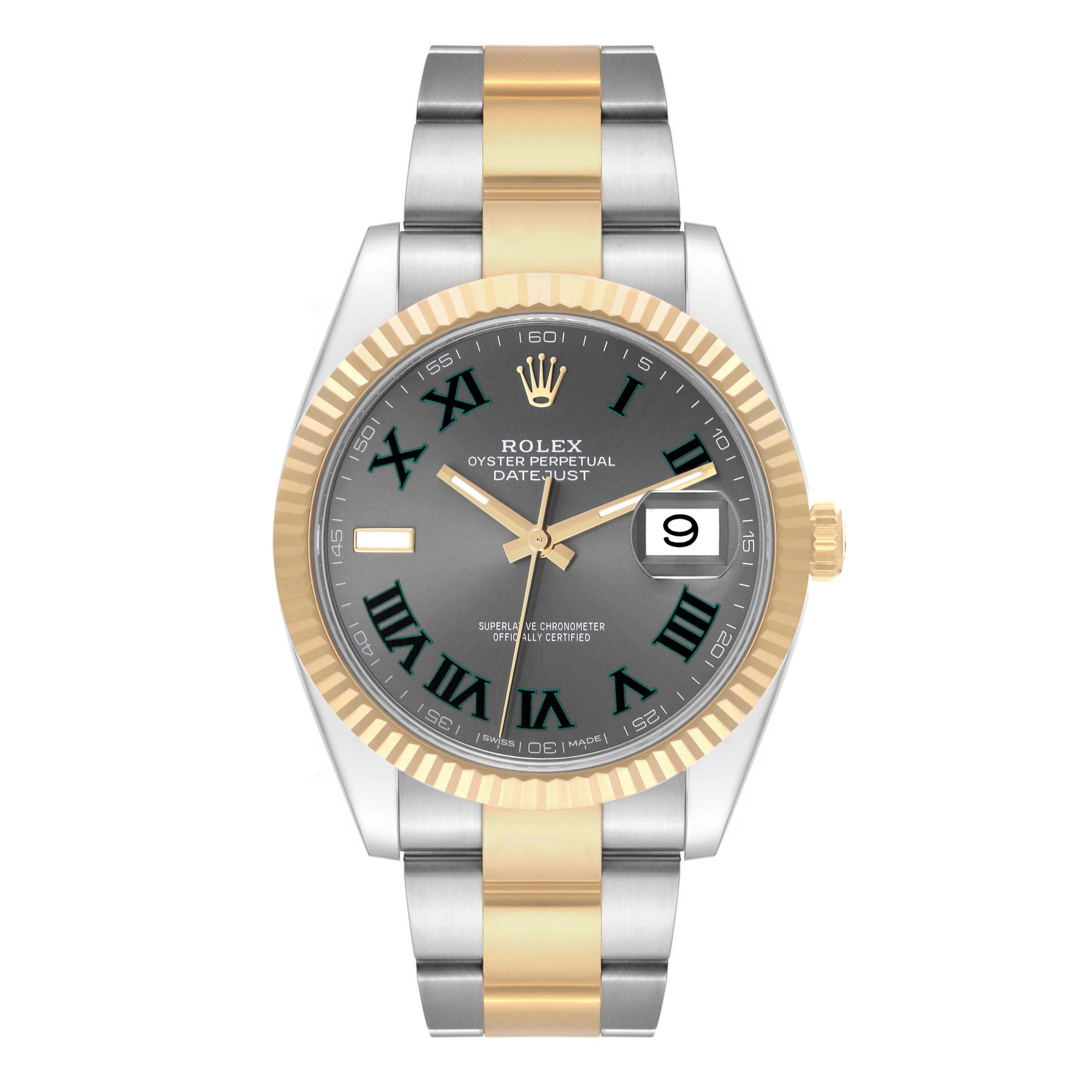 The Rolex Datejust 41 126333 Men's Steel and Gold (two tone) Grey Dial is shown from a front angle, displaying the dial, bezel, crown, and two-tone bracelet.