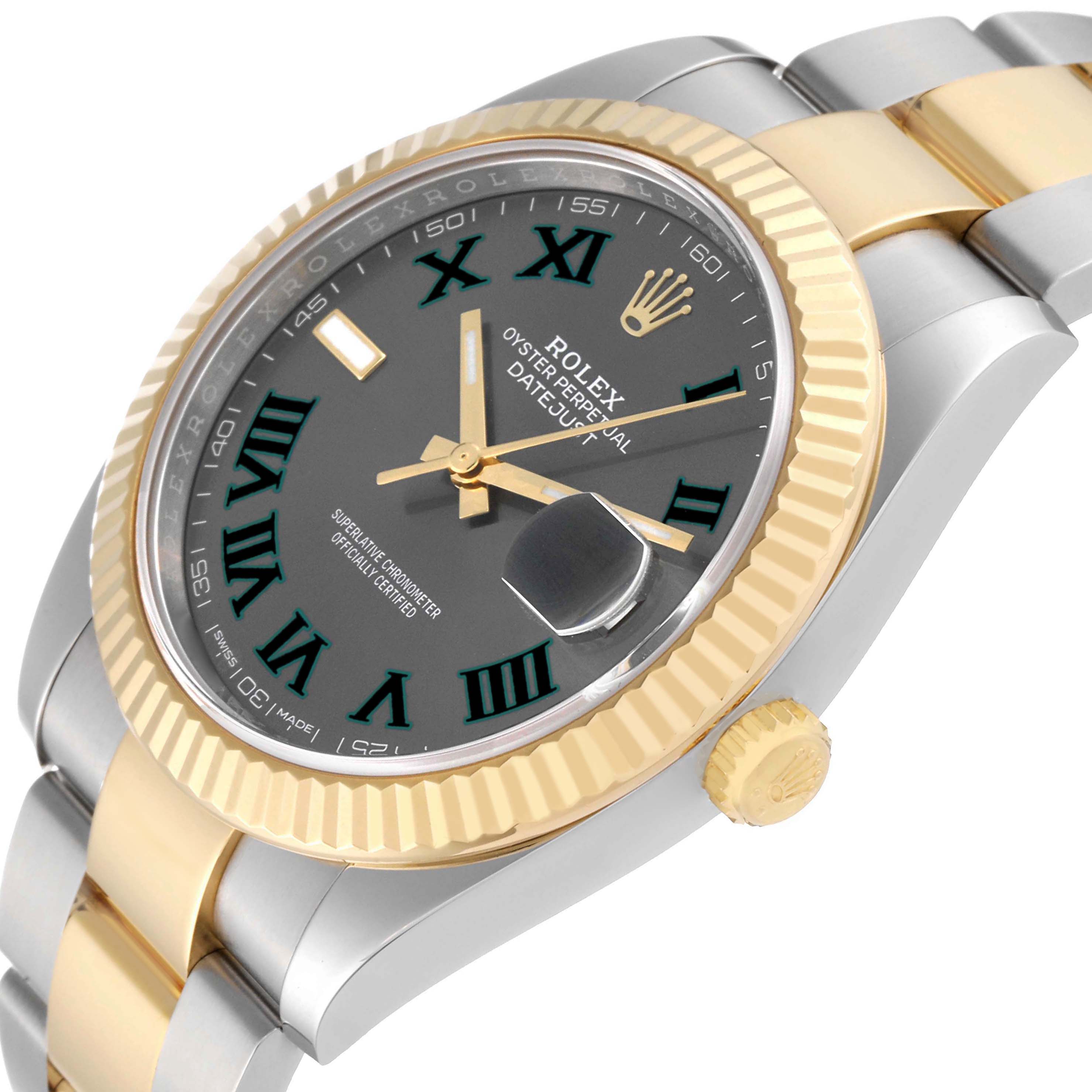 The Rolex Datejust 41 126333 Men's Steel and Gold (two tone) Grey Dial is shown at an angle highlighting its dial, fluted bezel, crown, and two-tone bracelet.