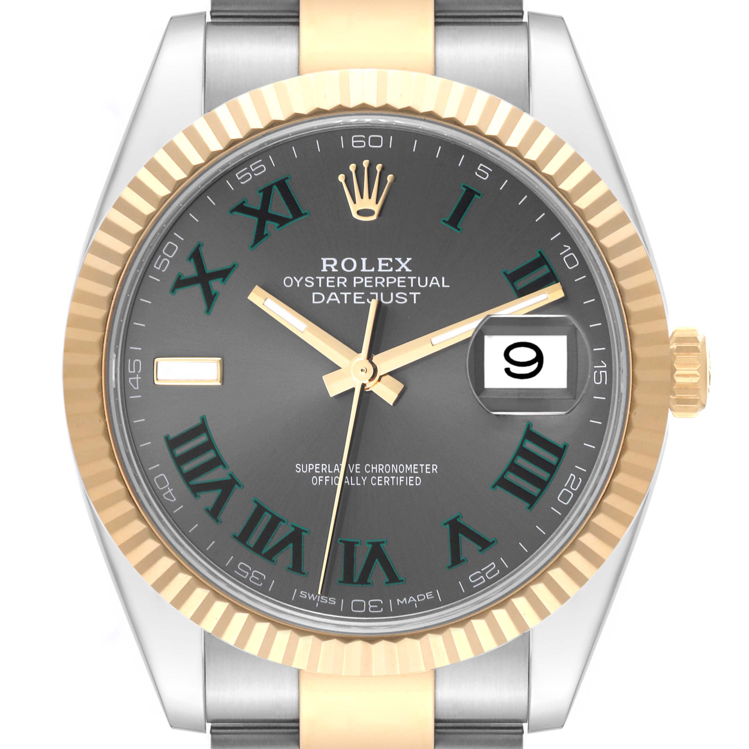 This is a close-up, frontal view of a Rolex Datejust 41 126333 Men's Steel and Gold (two tone) Grey Dial 126333 Men's Steel and Gold (two tone) Grey Dial model watch, showing the dial face, bezel, and part of the strap.