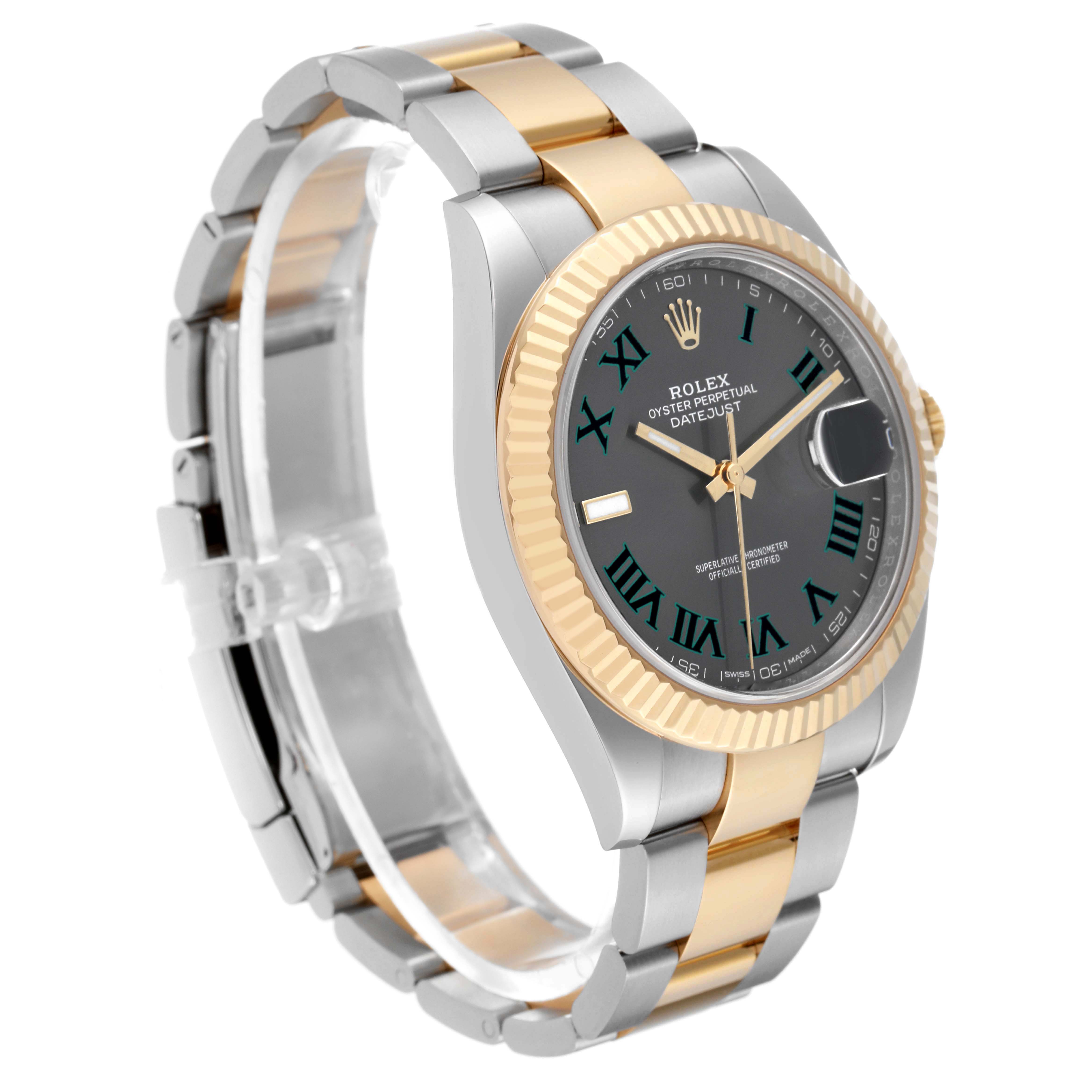 The Rolex Datejust 41 126333 Men's Steel and Gold (two tone) Grey Dial is shown at a three-quarter angle, highlighting the gold fluted bezel and two-tone bracelet.
