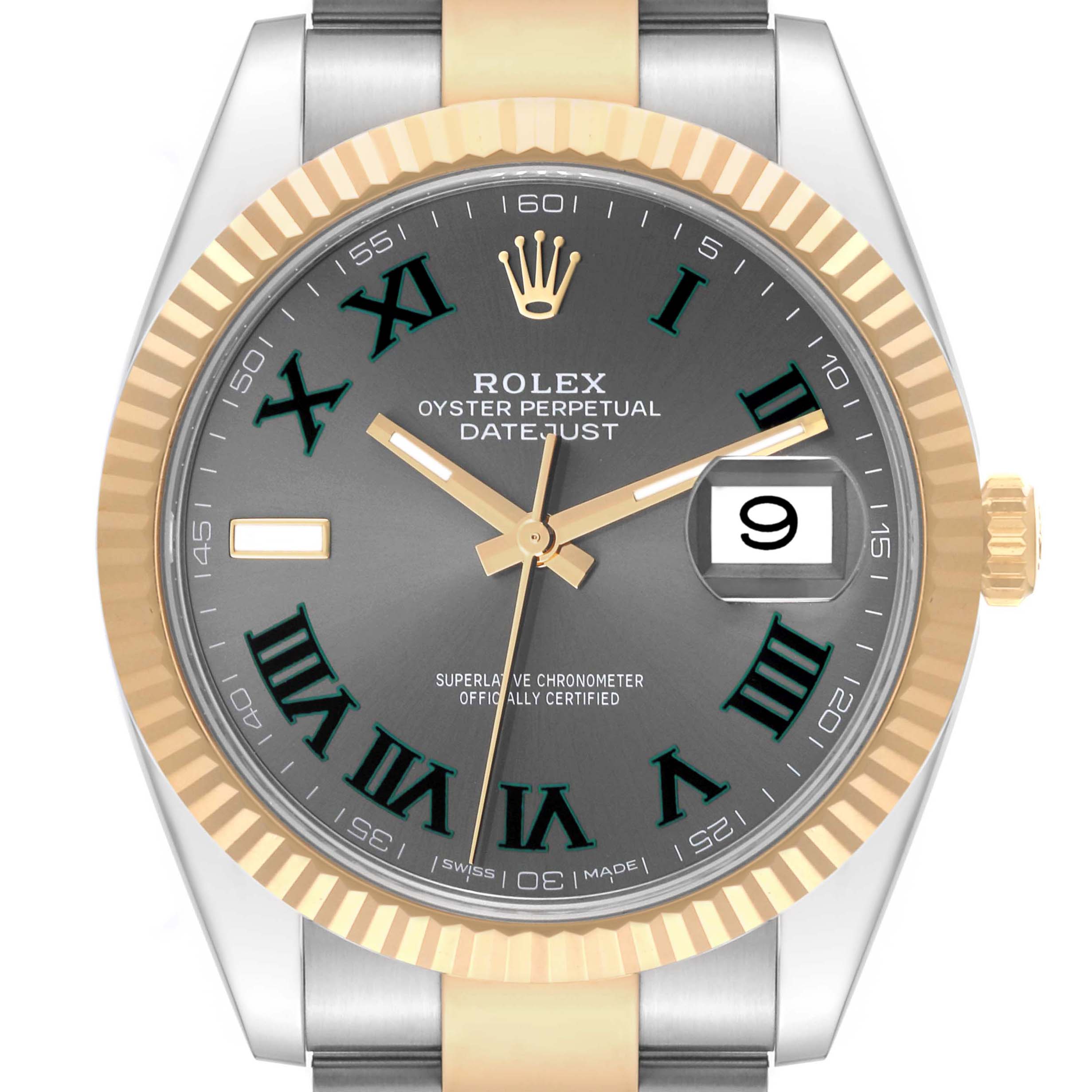 The Rolex Datejust 41 126333 Men's Steel and Gold (two tone) Grey Dial model is shown from a front view, highlighting the dial, fluted bezel, and crown.