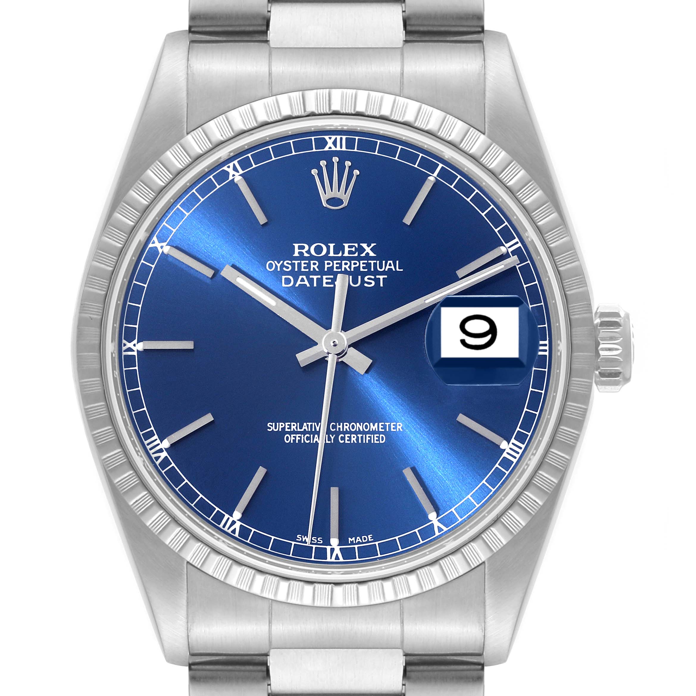 The Rolex Datejust 16220 Men's Stainless Steel Blue Dial 16220 Men's Stainless Steel Blue Dial watch is shown at a frontal angle, highlighting its blue dial, fluted bezel, and date display.