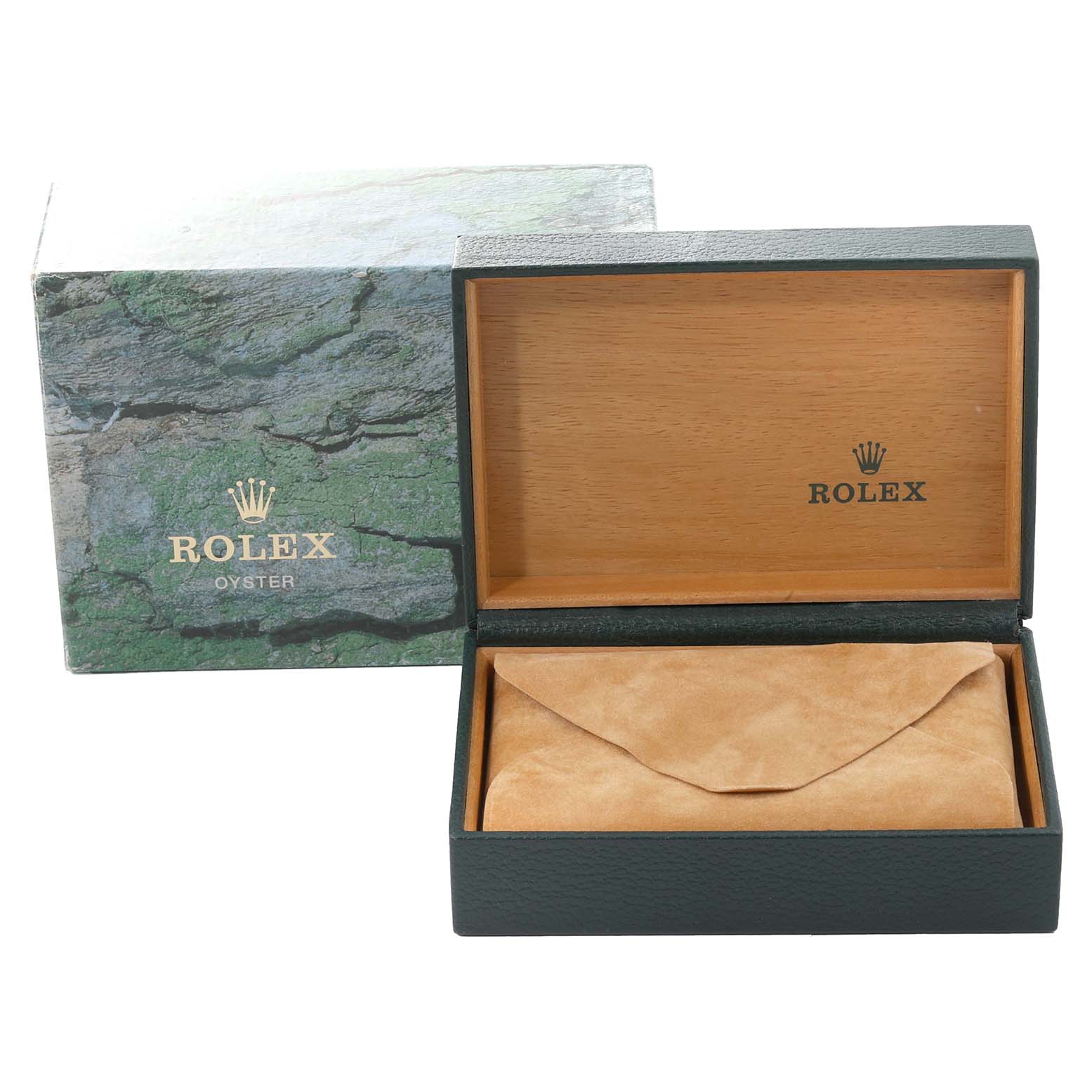 The image shows an open box and outer packaging for a Rolex Datejust 16220 Men's Stainless Steel Blue Dial 16220 Men's Stainless Steel Blue Dial, with the watch possibly inside the suede pouch.