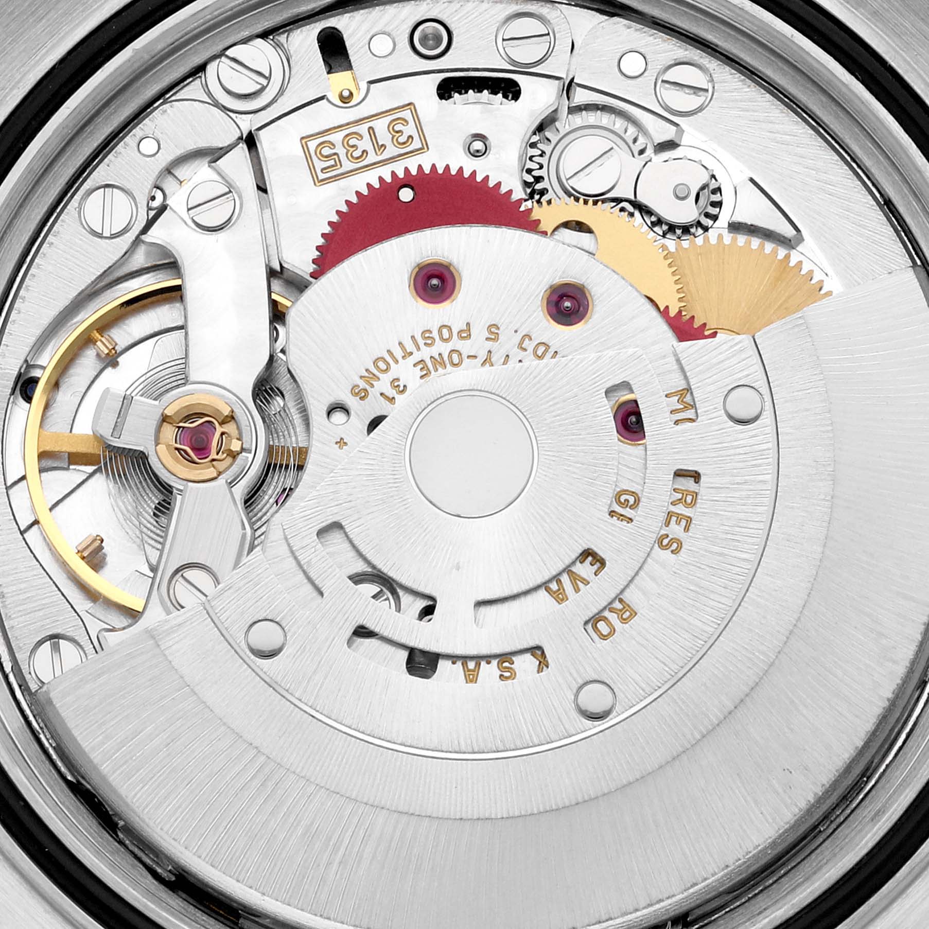 This image shows a close-up of the movement mechanism inside a Rolex Datejust 16220 Men's Stainless Steel Blue Dial 16220 Men's Stainless Steel Blue Dial watch.