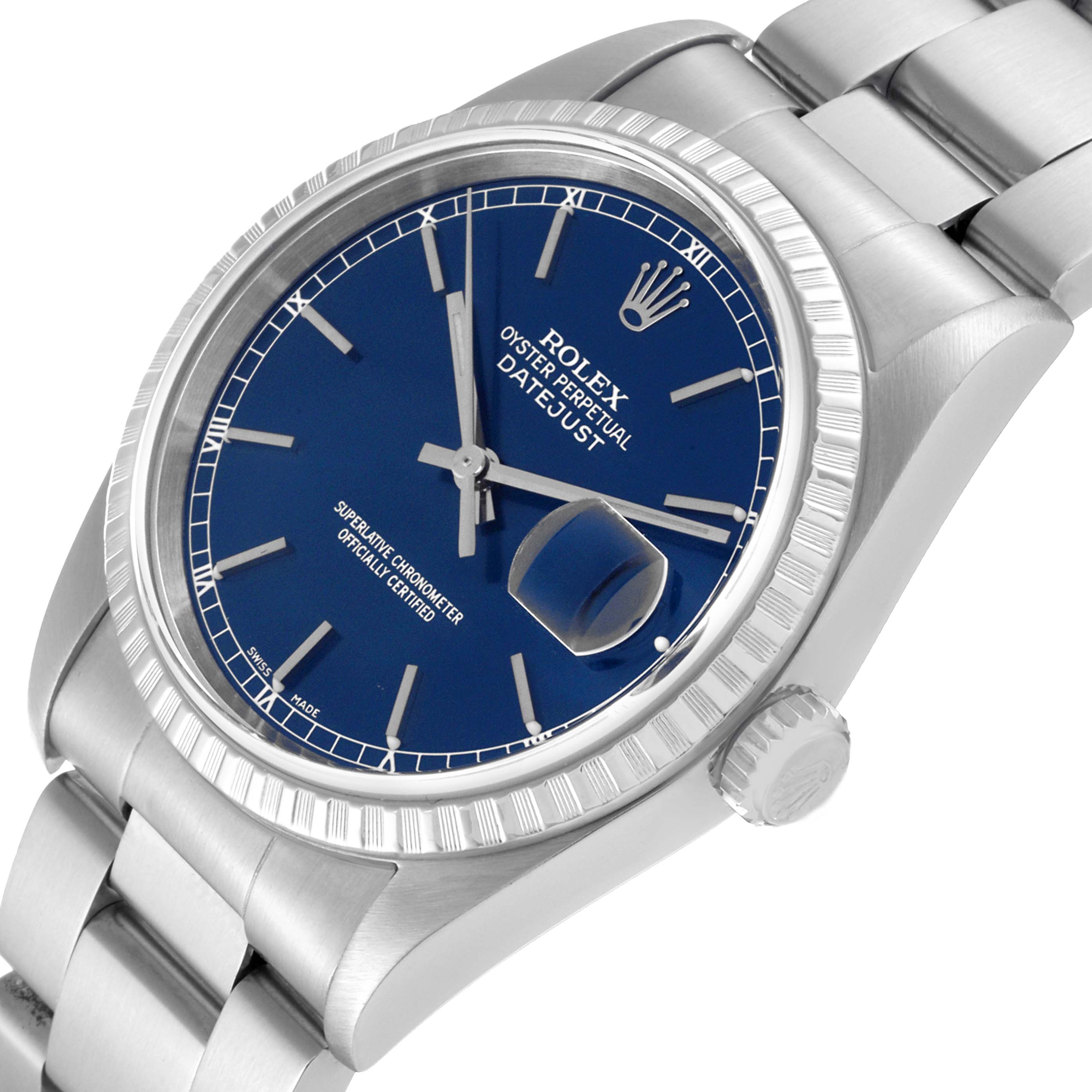 This image shows a Rolex Datejust 16220 Men's Stainless Steel Blue Dial 16220 Men's Stainless Steel Blue Dial watch from an angled view, highlighting its blue dial, silver bezel, and part of the bracelet.