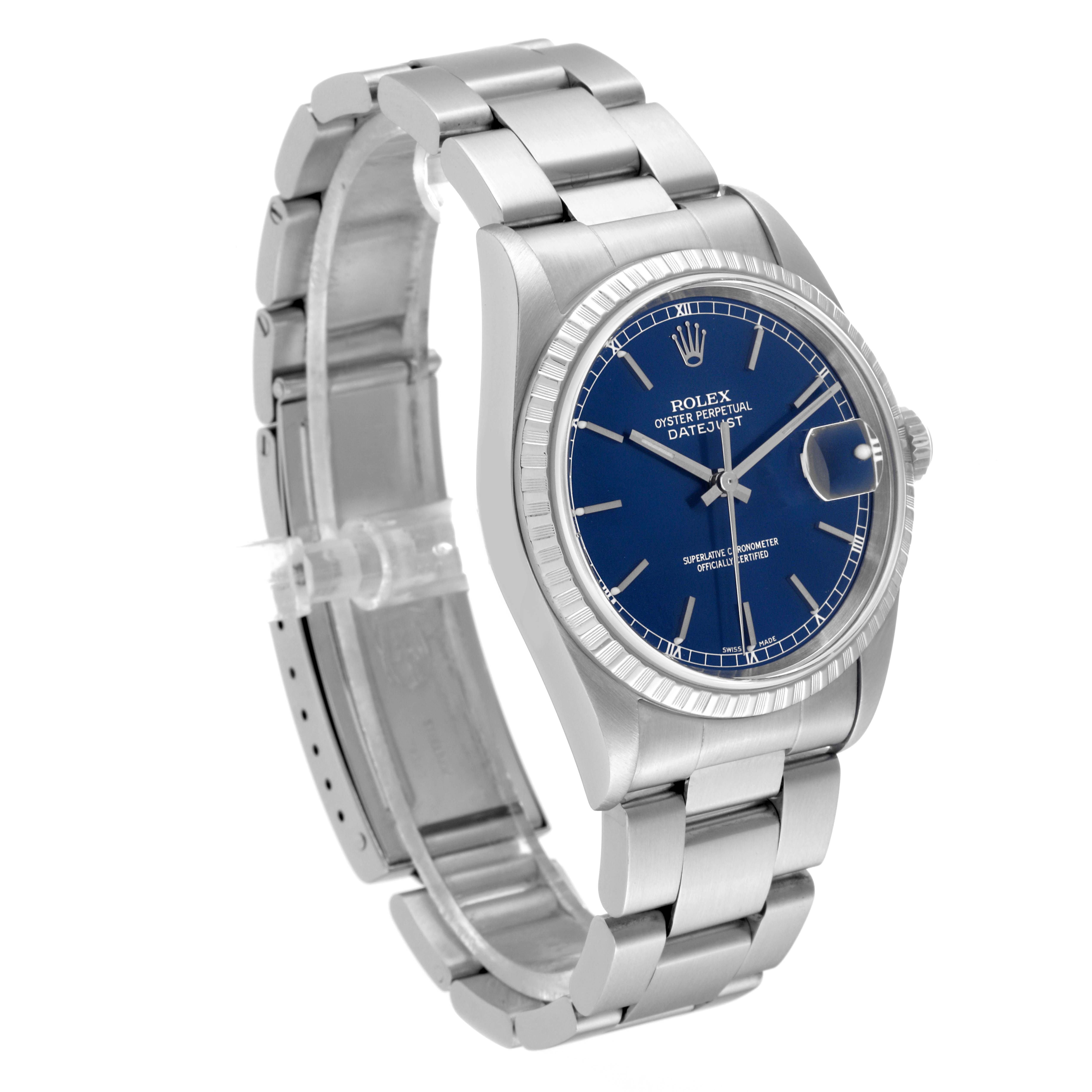 The image shows a Rolex Datejust 16220 Men's Stainless Steel Blue Dial 16220 Men's Stainless Steel Blue Dial watch at a three-quarter angle, highlighting the blue dial, fluted bezel, and stainless steel bracelet.