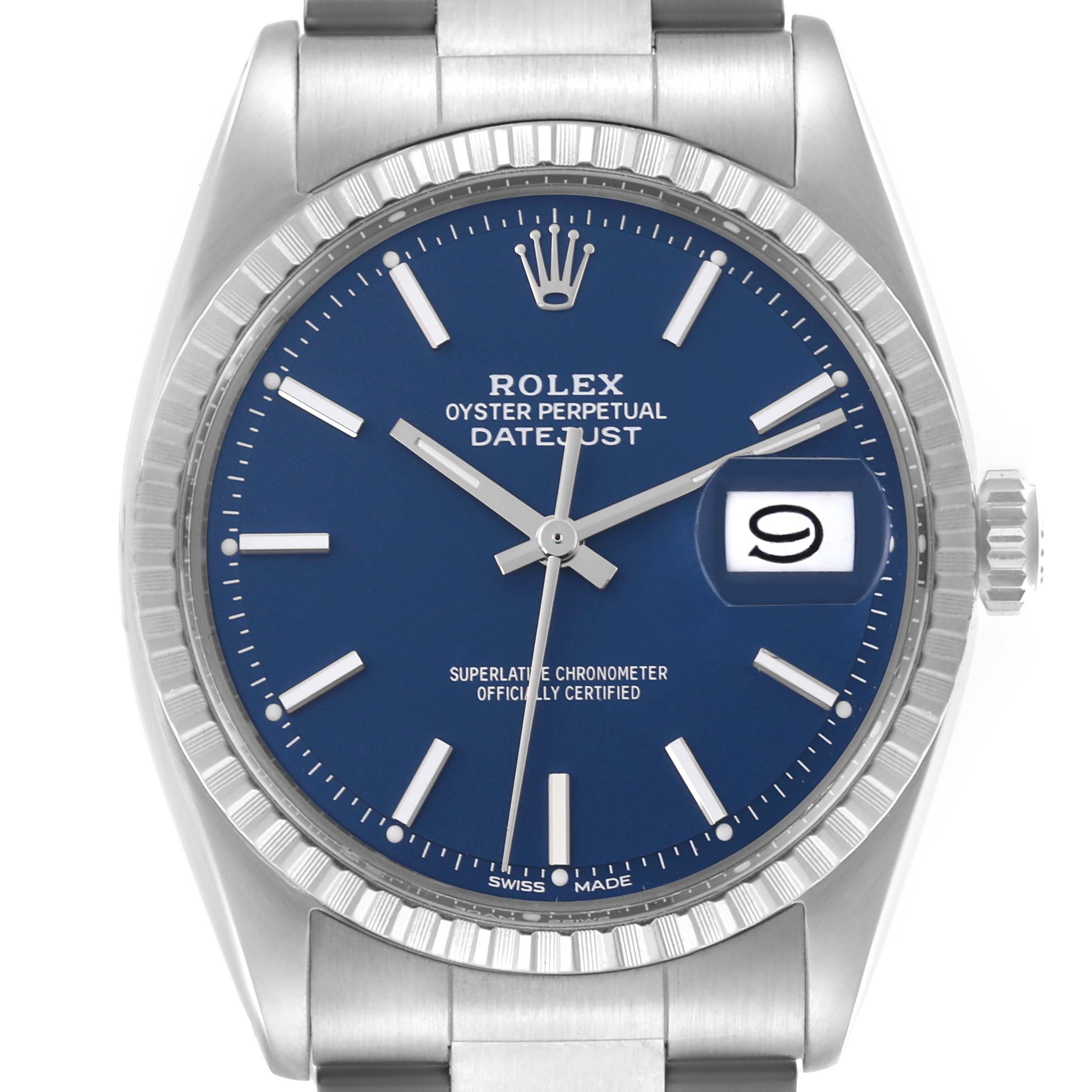 The image shows a front view of a Rolex Datejust 1603 Men's Stainless Steel Blue Dial 1603 Men's Stainless Steel Blue Dial watch, highlighting the blue dial, date window, and fluted bezel.