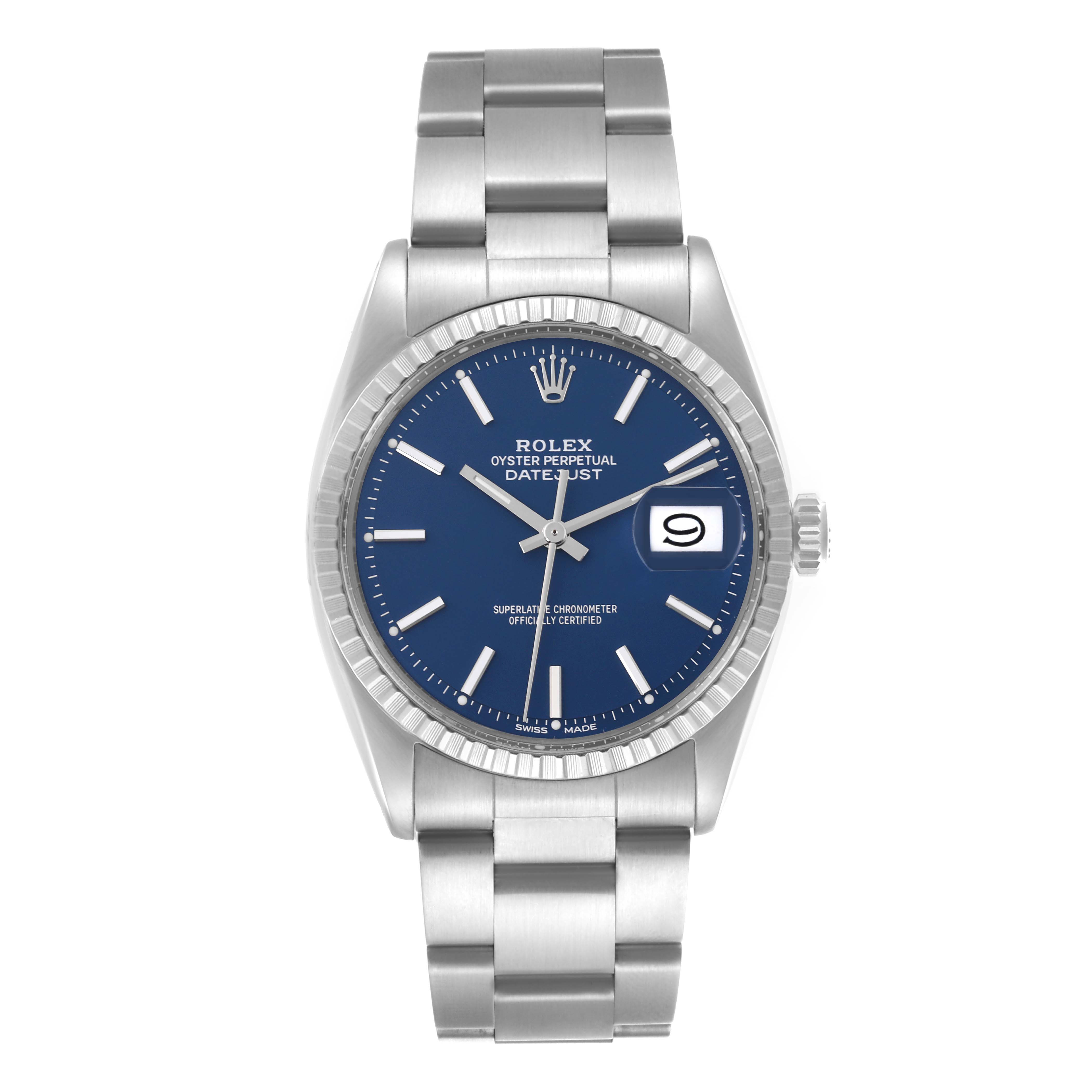 The Rolex Datejust 1603 Men's Stainless Steel Blue Dial 1603 Men's Stainless Steel Blue Dial watch is shown from a straight-on angle, highlighting the dial, bezel, and bracelet.