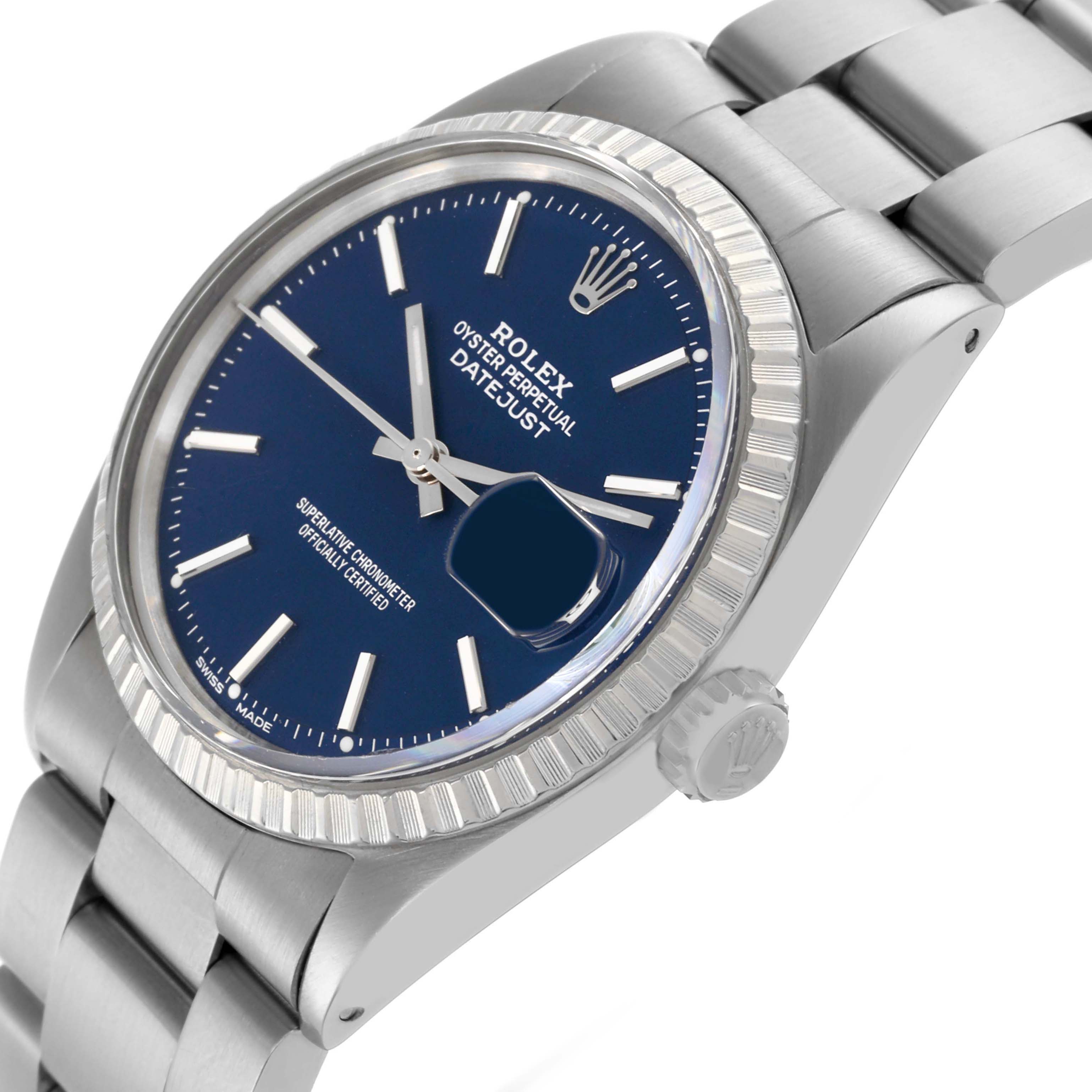 The Rolex Datejust 1603 Men's Stainless Steel Blue Dial 1603 Men's Stainless Steel Blue Dial is shown at a slight side angle, highlighting the watch face, bezel, case, and part of the bracelet.