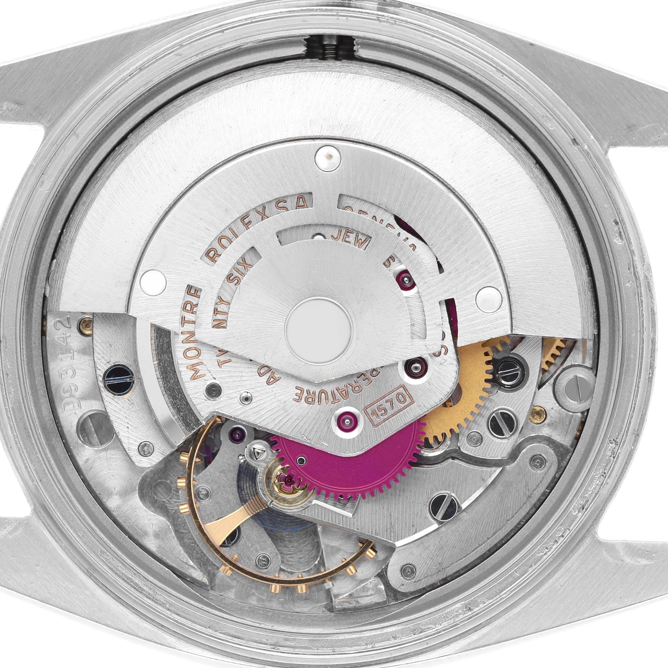 This image shows the movement mechanism of a Rolex Datejust 1603 Men's Stainless Steel Blue Dial 1603 Men's Stainless Steel Blue Dial watch from a top-down angle.