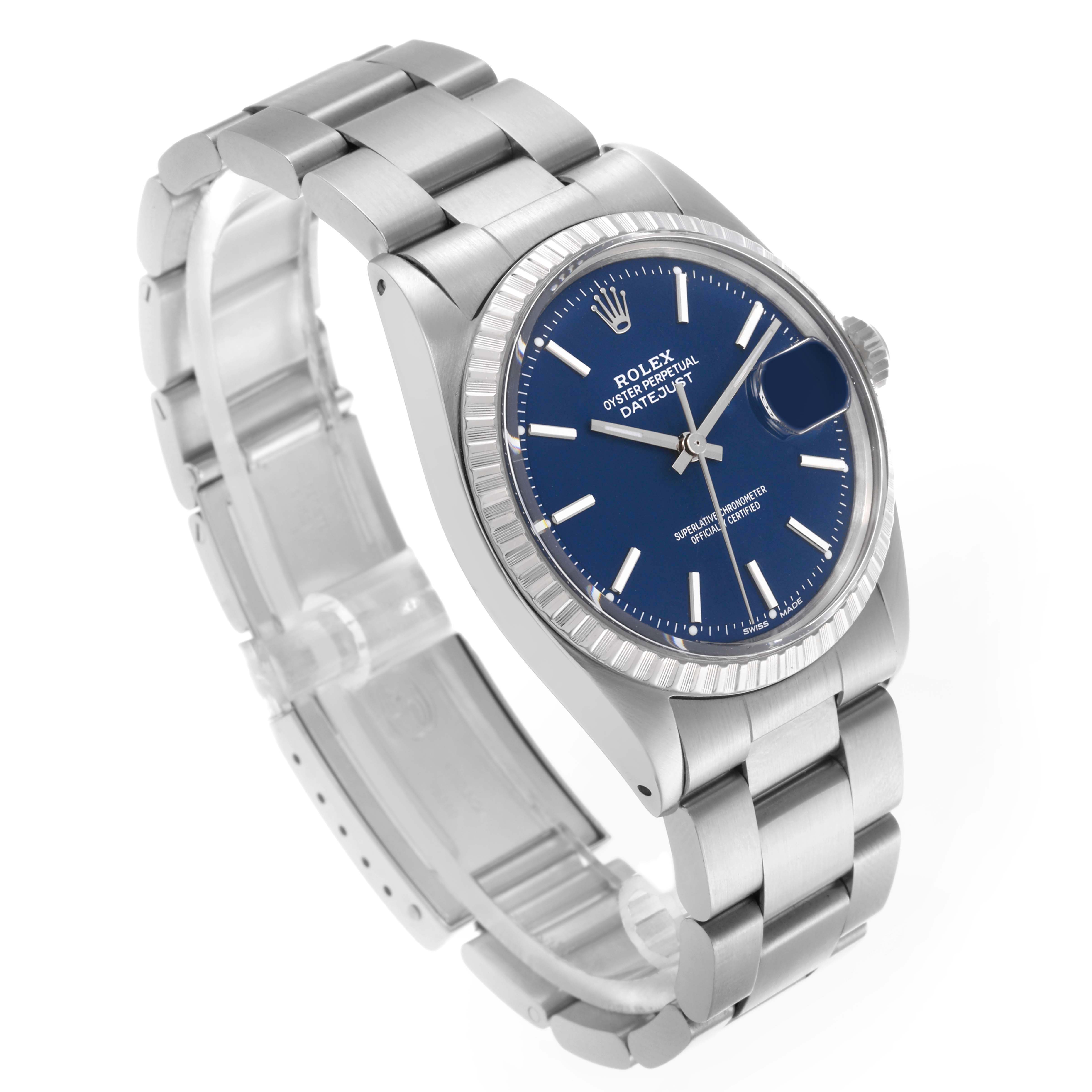 The Rolex Datejust 1603 Men's Stainless Steel Blue Dial 1603 Men's Stainless Steel Blue Dial watch is shown at a slight angled view highlighting its blue dial, bezel, and stainless steel bracelet.