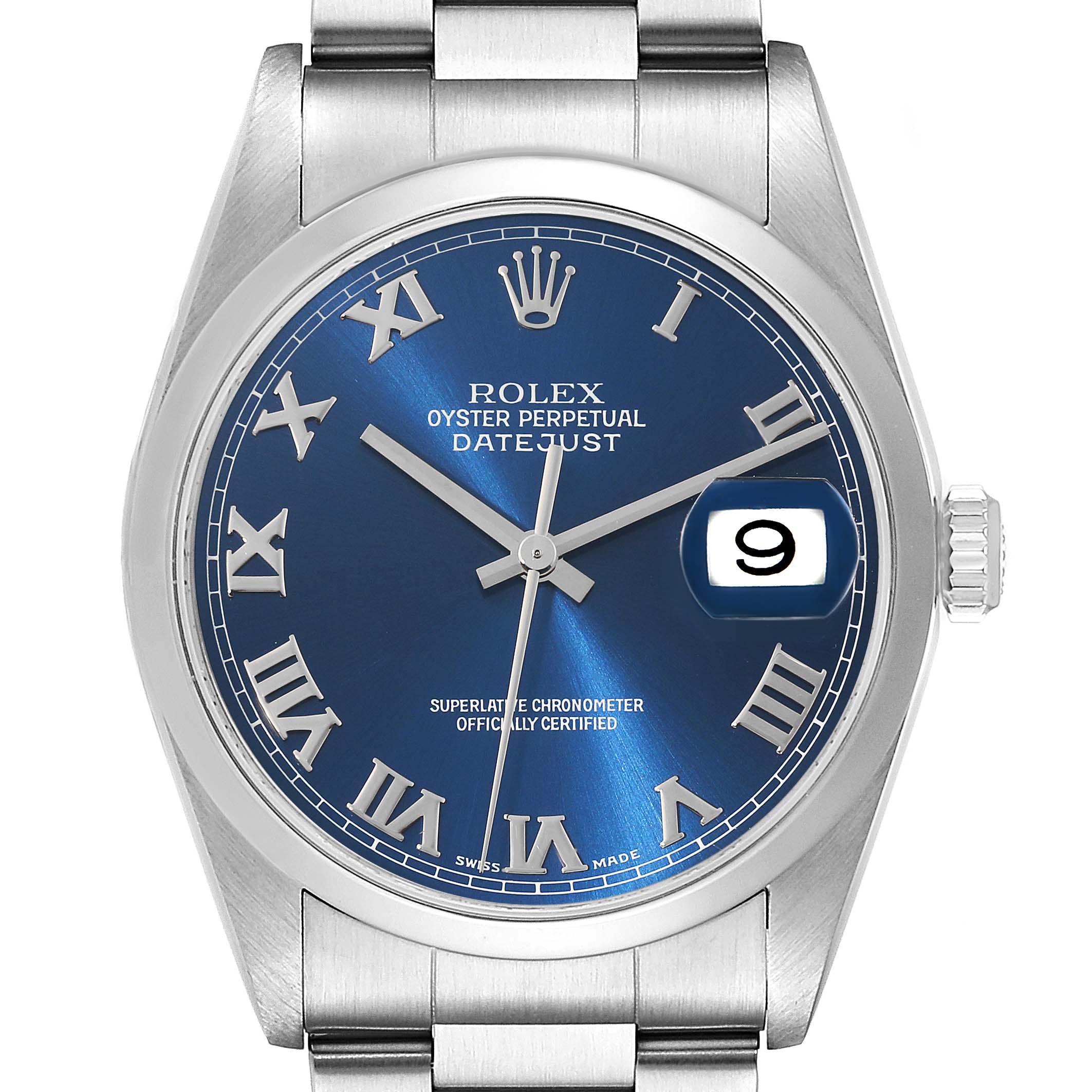 This is a close-up, front-facing view of the Rolex Datejust 16200 Men's Stainless Steel Blue Dial 16200 Men's Stainless Steel Blue Dial watch, showing the dial, bezel, bracelet, and date window.