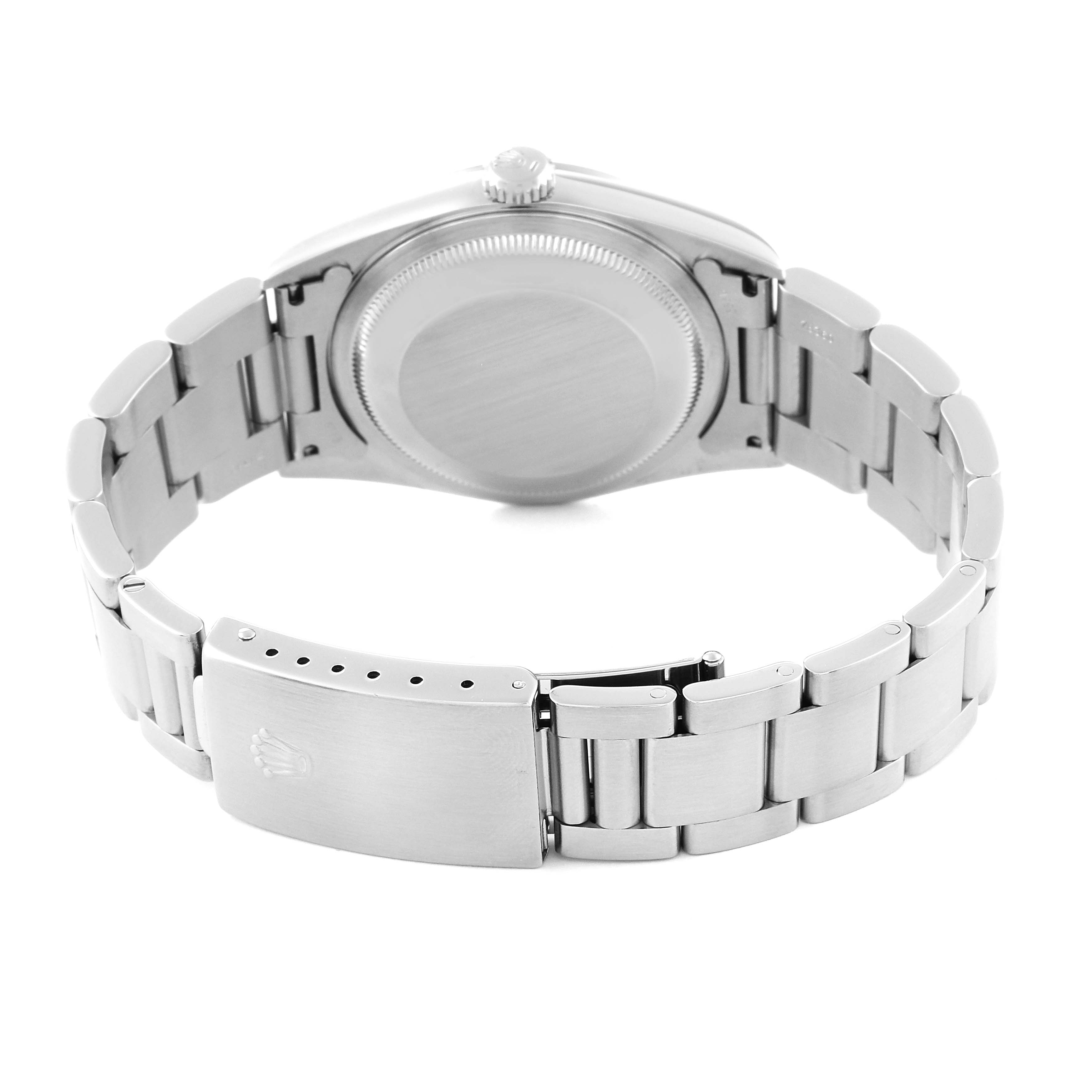 This image shows the back and bracelet of the Rolex Datejust 16200 Men's Stainless Steel Blue Dial 16200 Men's Stainless Steel Blue Dial watch, focusing on the clasp and case back.