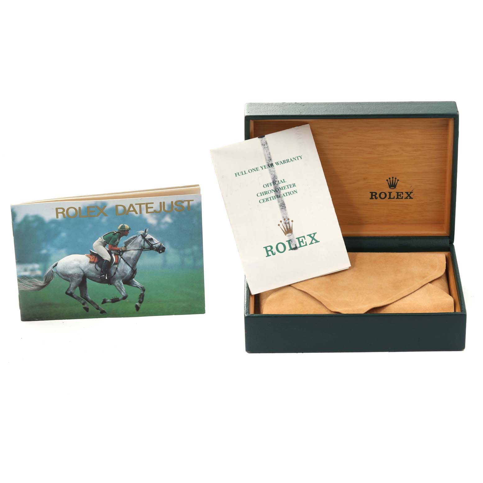 The image shows a Rolex Datejust 16200 Men's Stainless Steel Blue Dial 16200 Men's Stainless Steel Blue Dial watch box, warranty booklet, and a green booklet with a horse rider on it.