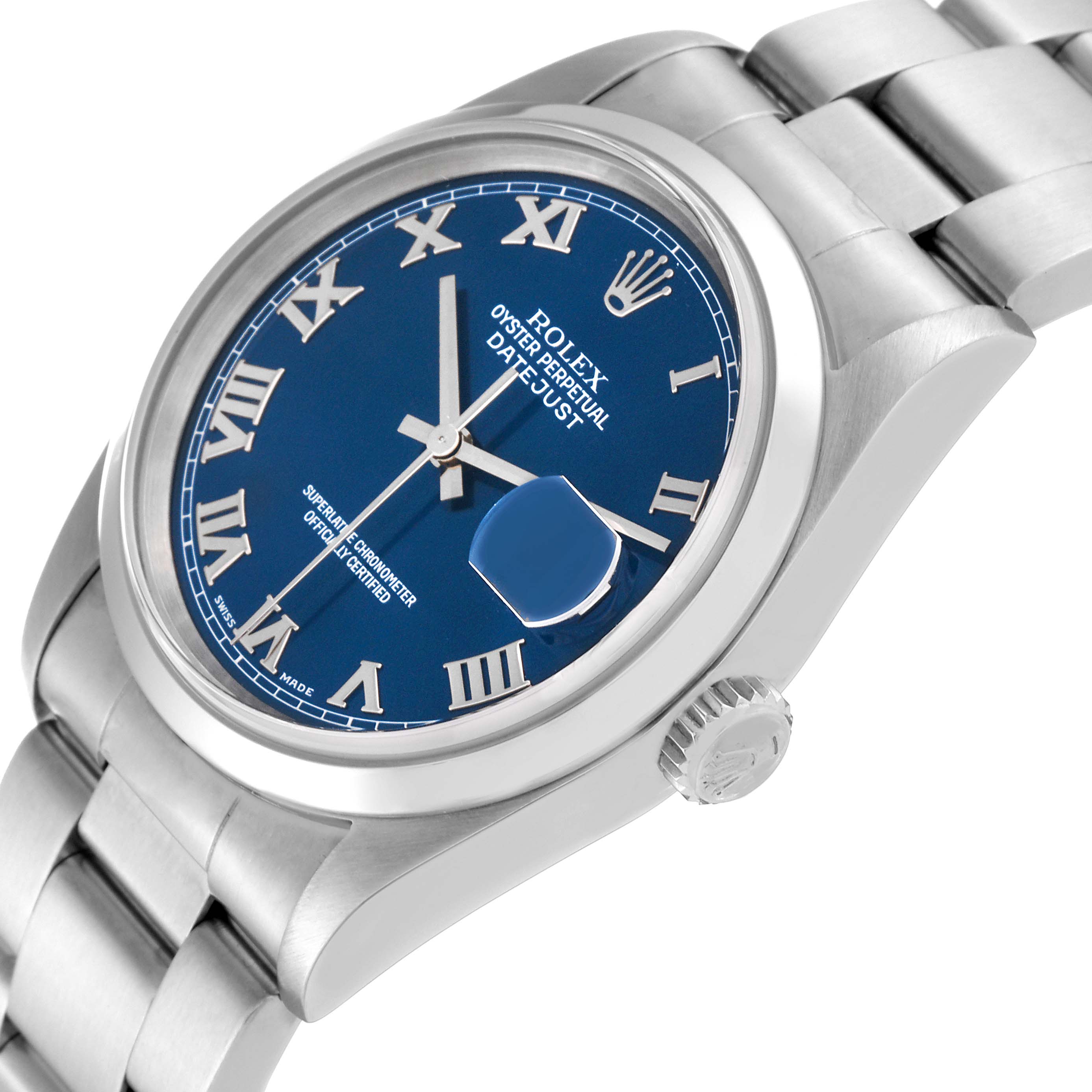 This image shows a Rolex Datejust 16200 Men's Stainless Steel Blue Dial 16200 Men's Stainless Steel Blue Dial watch from a slightly angled side view, highlighting the watch face, bezel, crown, and bracelet.