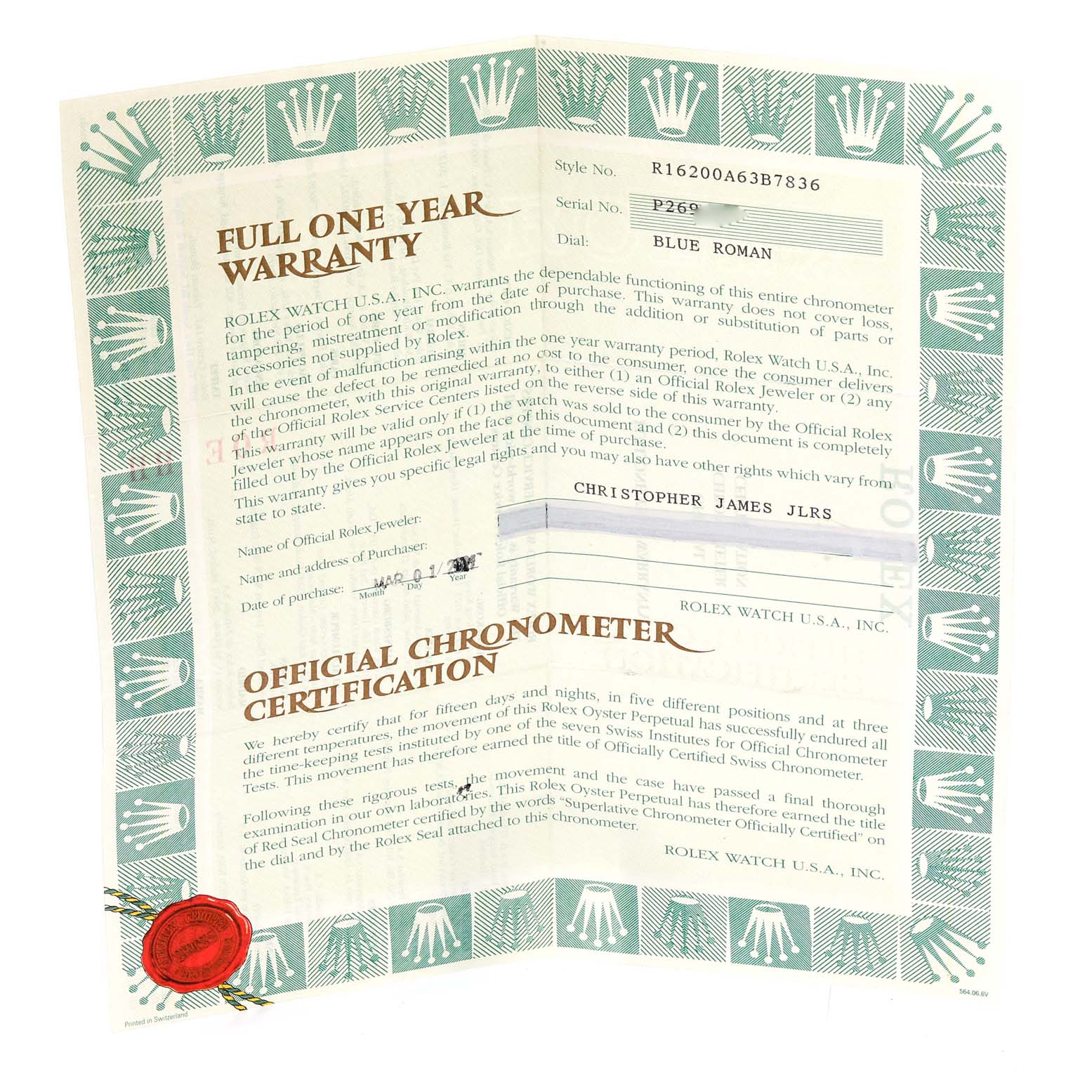 The image shows a folded warranty and certification document for a Rolex Datejust 16200 Men's Stainless Steel Blue Dial 16200 Men's Stainless Steel Blue Dial model.