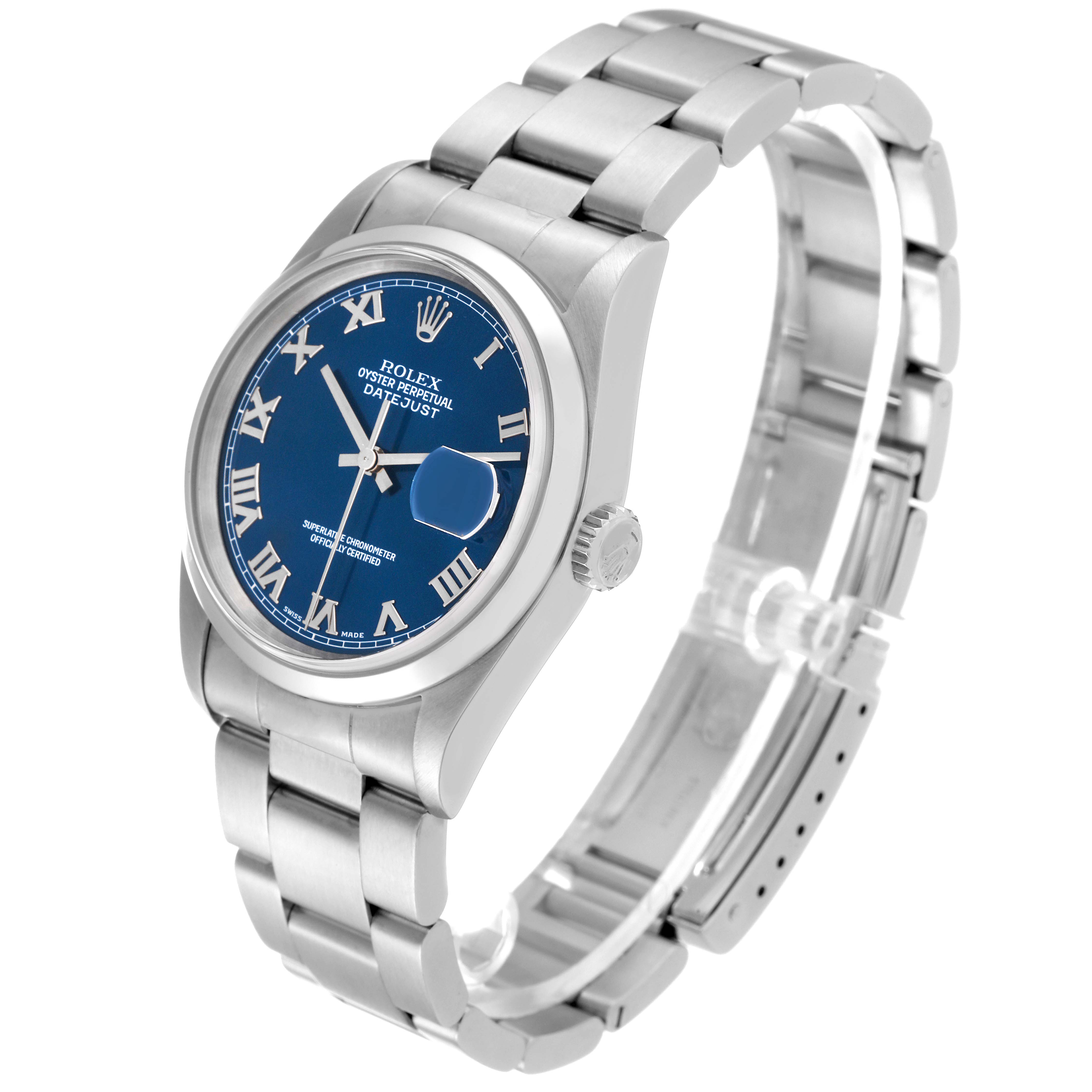 The image shows a Rolex Datejust 16200 Men's Stainless Steel Blue Dial 16200 Men's Stainless Steel Blue Dial from an angled side view, displaying the dial, bracelet, and crown.