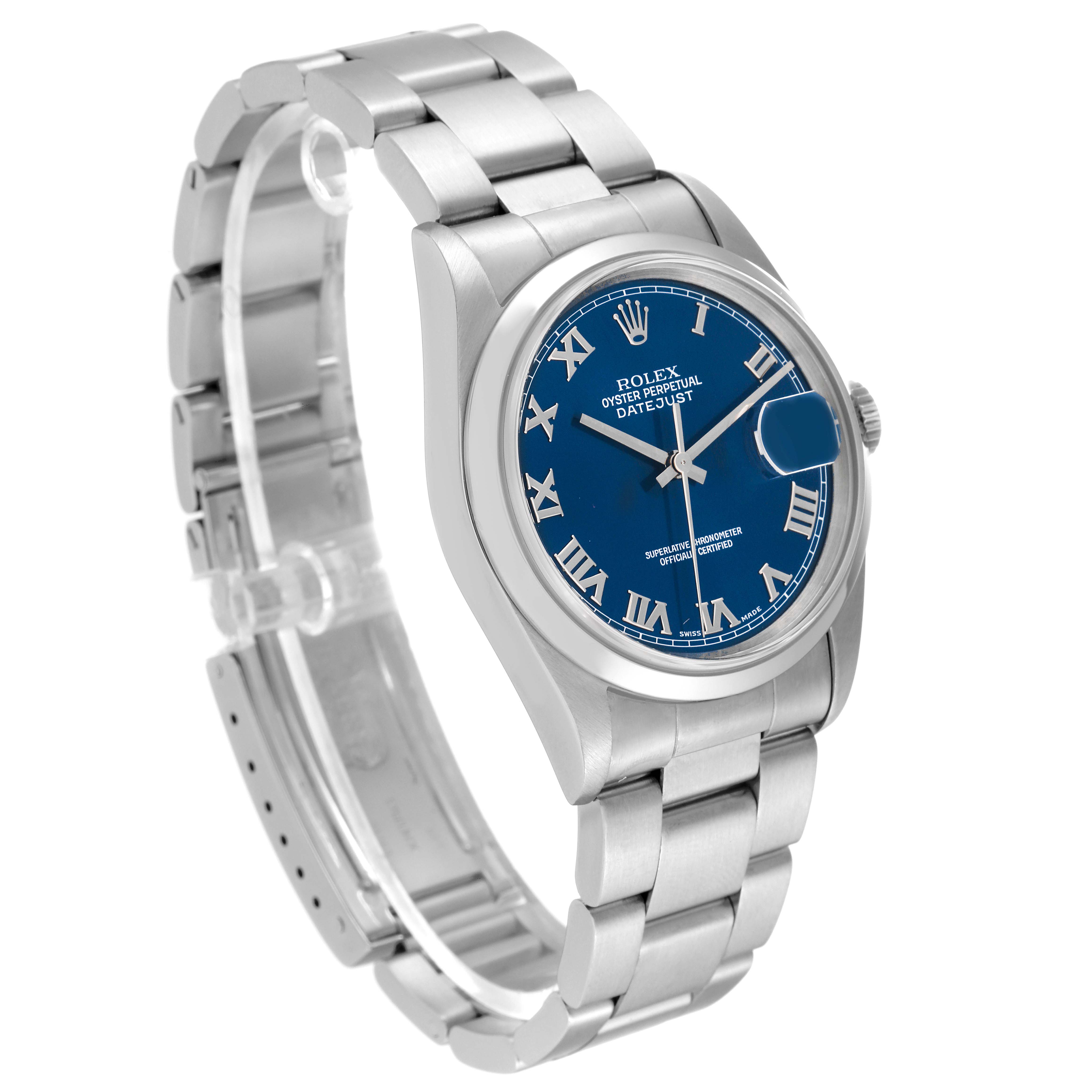 The Rolex Datejust 16200 Men's Stainless Steel Blue Dial 16200 Men's Stainless Steel Blue Dial watch is shown from a front angle, capturing the dial, bracelet, and partially open clasp.
