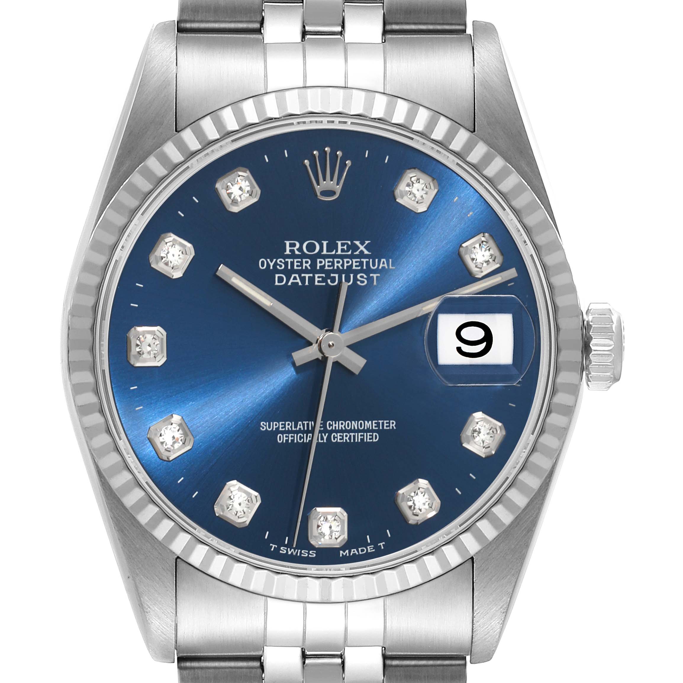 The image shows a front view of a Rolex Datejust 16234 Men's Stainless Steel Blue Dial 16234 Men's Stainless Steel Blue Dial watch, highlighting its blue dial, diamond hour markers, date window, and stainless steel bracelet.