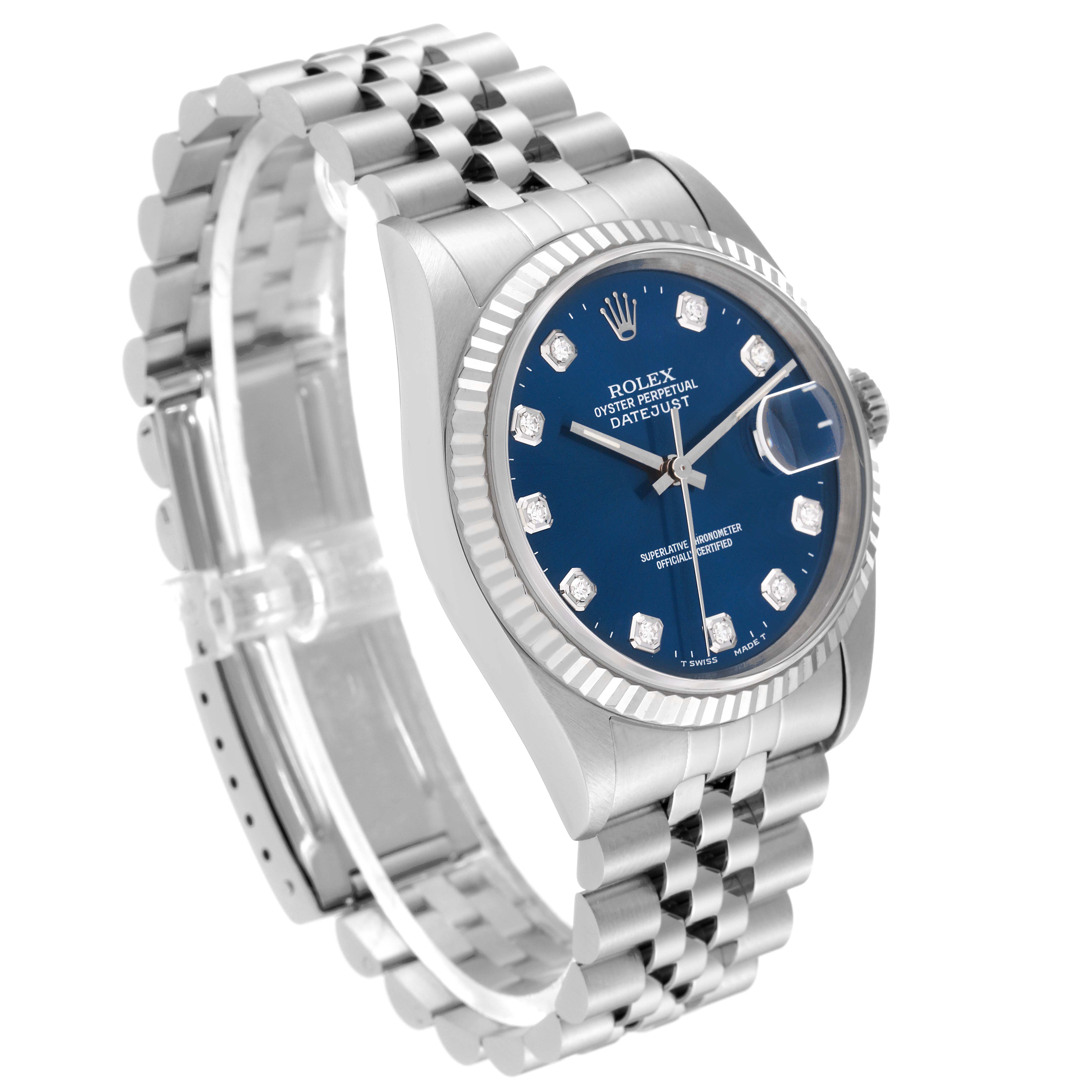 The Rolex Datejust 16234 Men's Stainless Steel Blue Dial 16234 Men's Stainless Steel Blue Dial model is shown from a front-right angle, displaying its blue dial, bracelet, and fluted bezel.