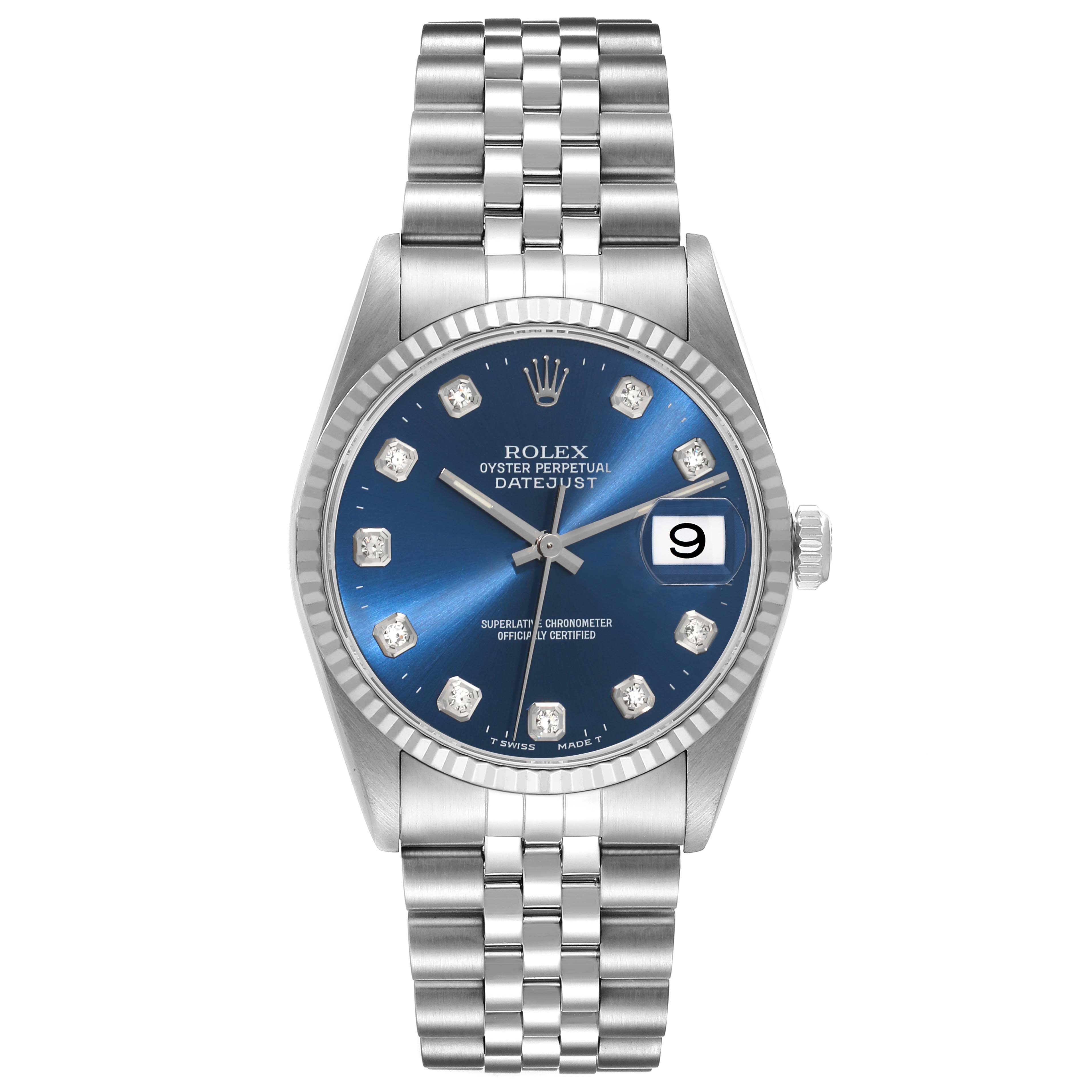 The image shows a front-view angle of a Rolex Datejust 16234 Men's Stainless Steel Blue Dial 16234 Men's Stainless Steel Blue Dial watch, featuring a blue dial, date window, and stainless steel bracelet.