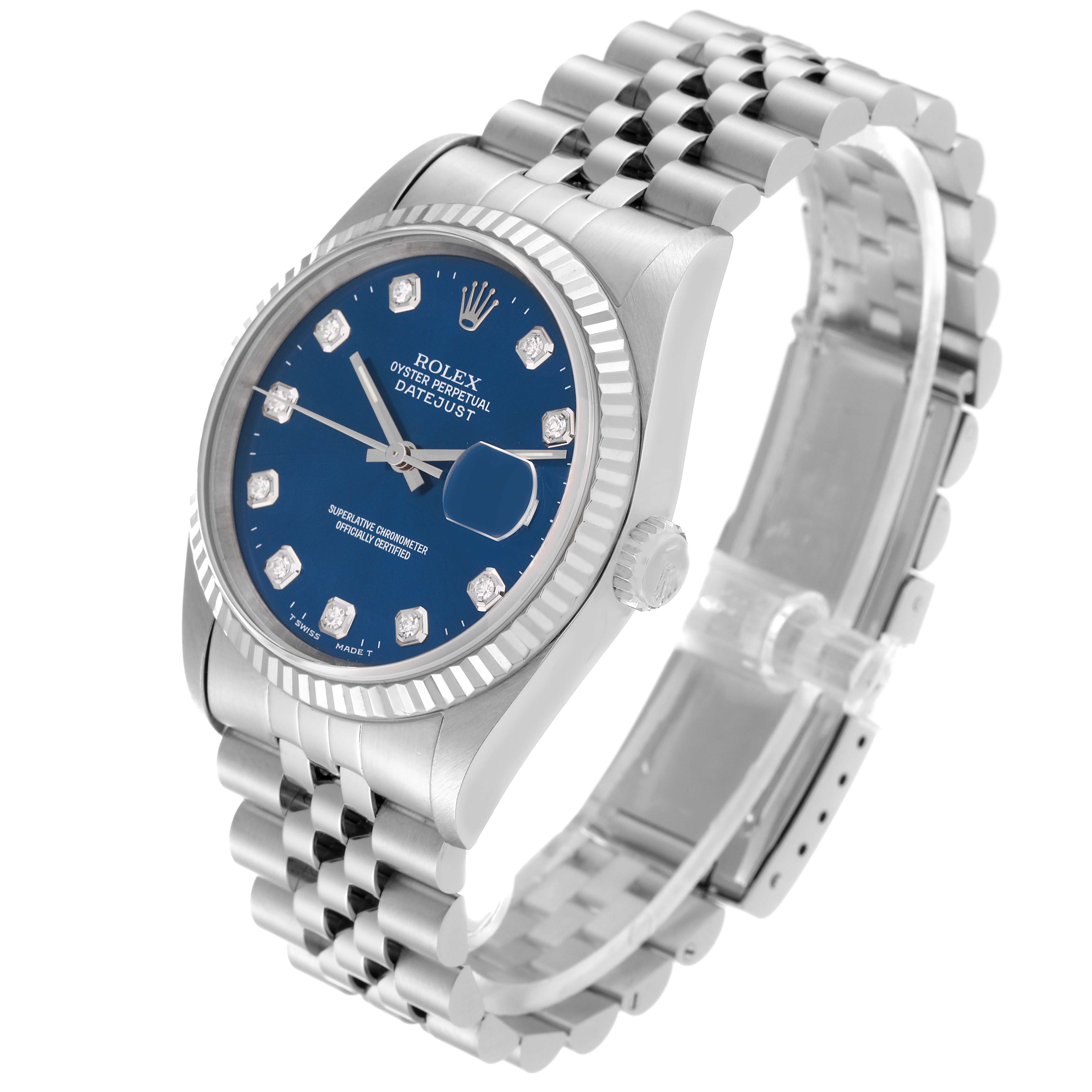 The image shows a Rolex Datejust 16234 Men's Stainless Steel Blue Dial 16234 Men's Stainless Steel Blue Dial watch from an angled side view, highlighting its blue dial, fluted bezel, and Jubilee bracelet.