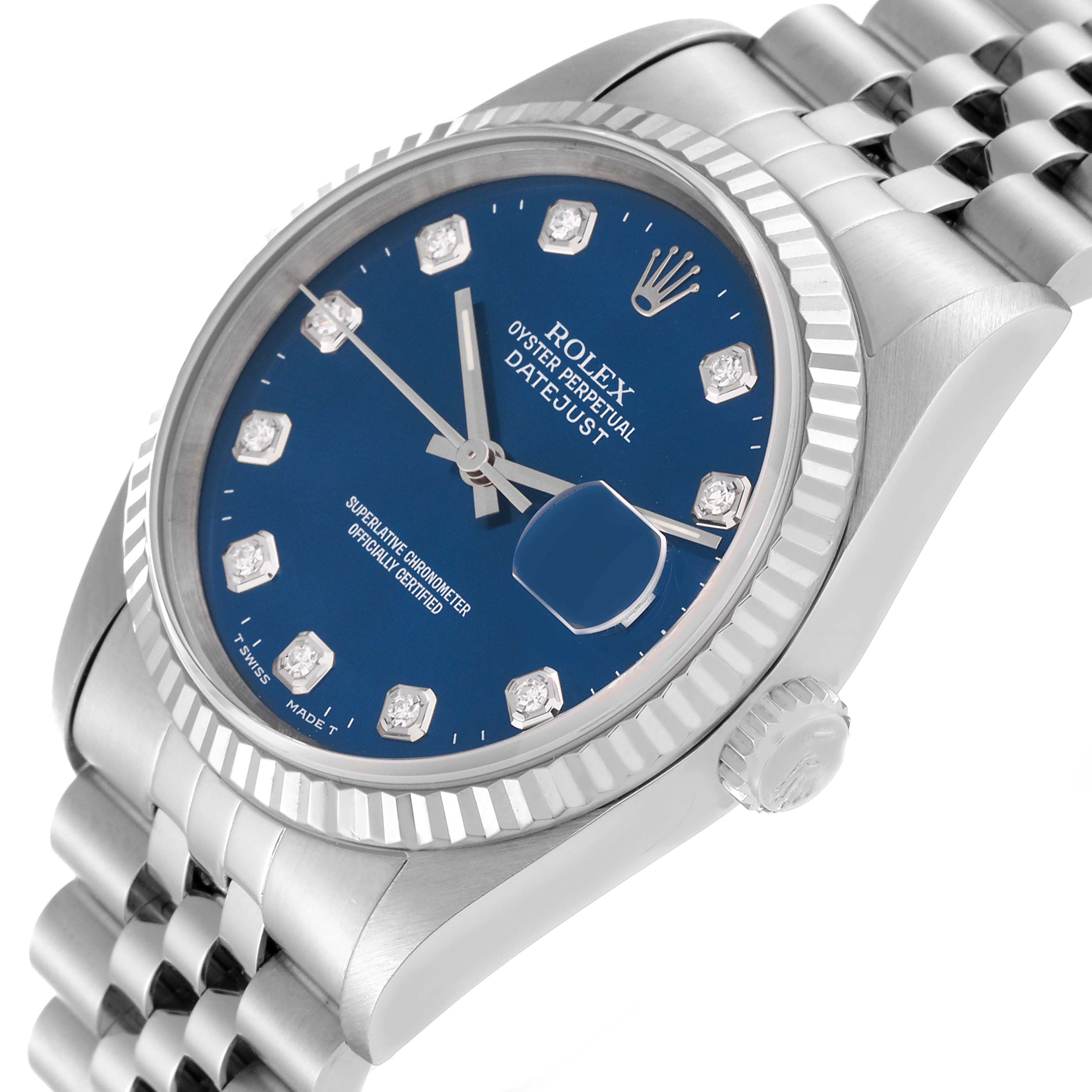 The image shows a Rolex Datejust 16234 Men's Stainless Steel Blue Dial 16234 Men's Stainless Steel Blue Dial watch at an angled view, highlighting the dial, bezel, and part of the bracelet.