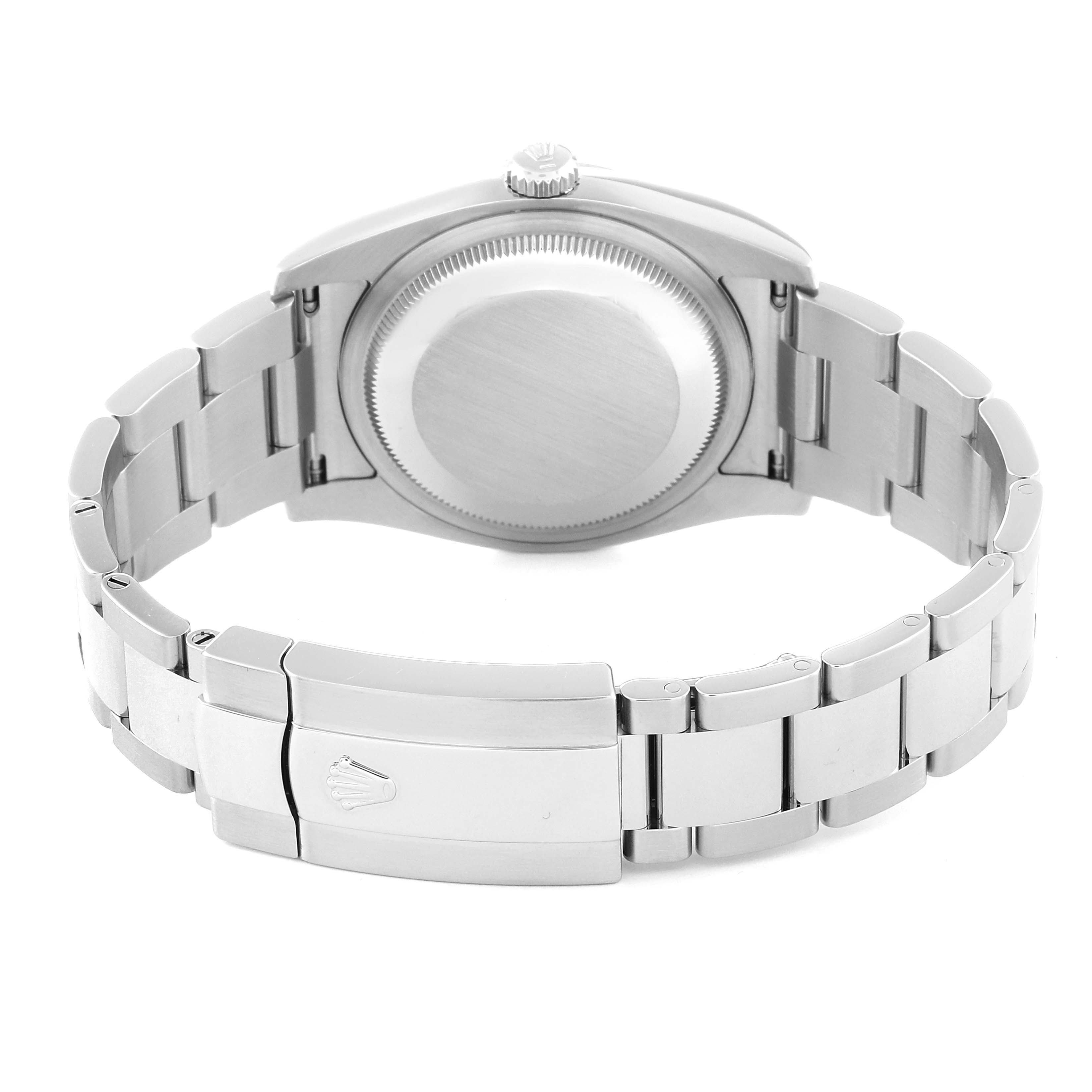 This image shows the back of the Rolex Datejust 116200 Men's Stainless Steel Blue Dial 116200 Men's Stainless Steel Blue Dial watch, focusing on the case back and the bracelet with its clasp.