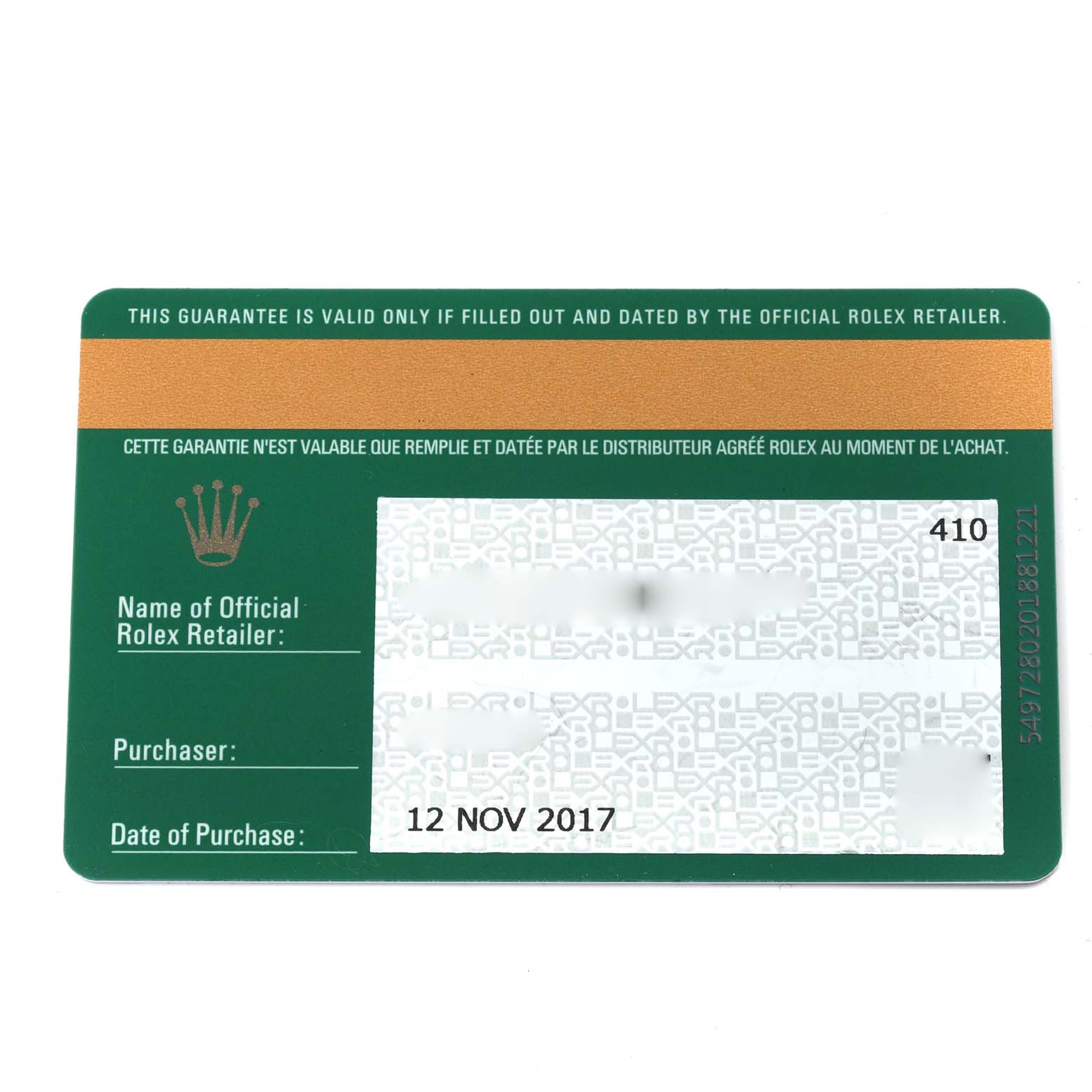 This image shows a warranty card for a Rolex Datejust 116200 Men's Stainless Steel Blue Dial 116200 Men's Stainless Steel Blue Dial, including dealer, purchaser information, and a date of purchase.