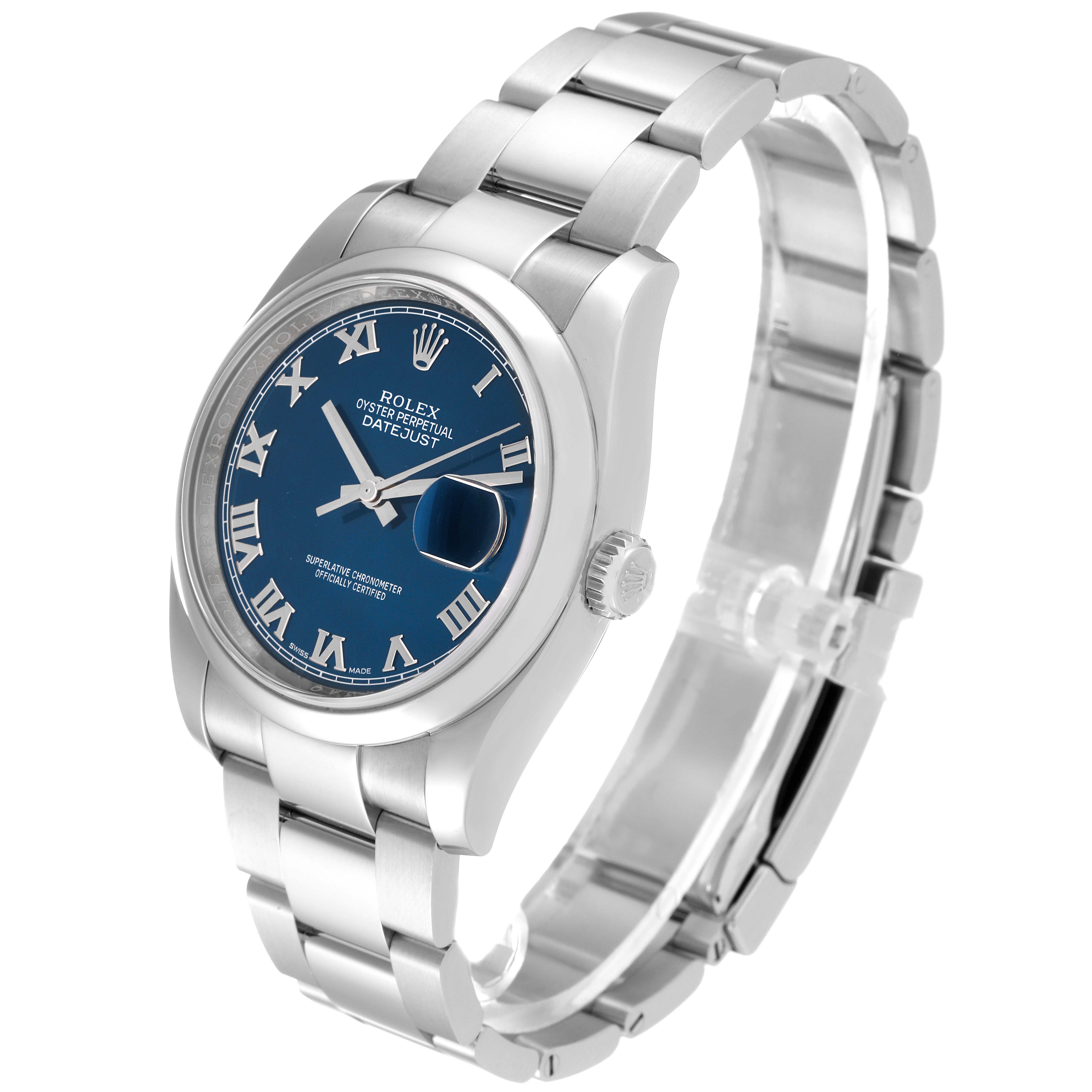 The Rolex Datejust 116200 Men's Stainless Steel Blue Dial 116200 Men's Stainless Steel Blue Dial watch is shown from a front-side angle, displaying its blue dial, Roman numerals, and steel bracelet.