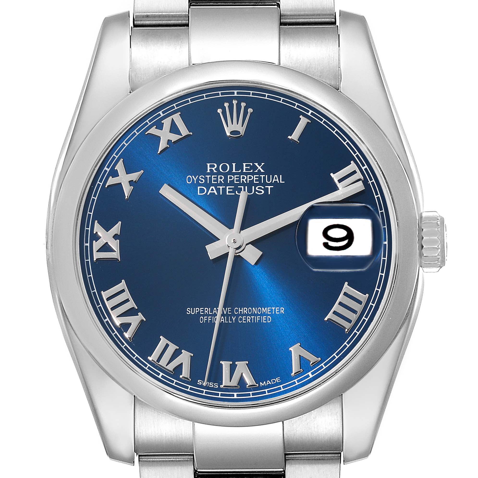 The image shows a front view of a Rolex Datejust 116200 Men's Stainless Steel Blue Dial 116200 Men's Stainless Steel Blue Dial watch, highlighting its blue dial, Roman numerals, and date window at 3 o'clock.