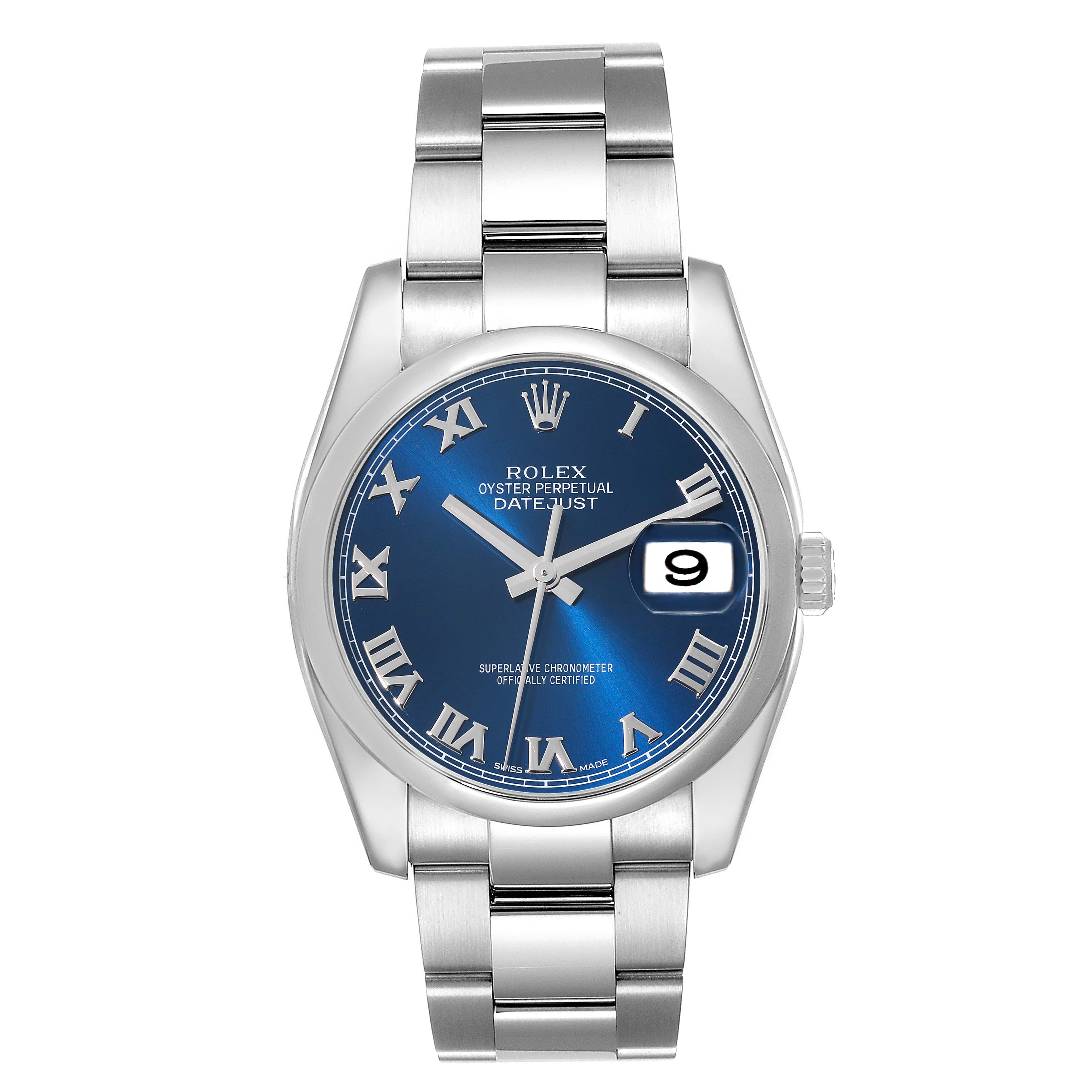 This is a front view of a Rolex Datejust 116200 Men's Stainless Steel Blue Dial 116200 Men's Stainless Steel Blue Dial watch showing the blue dial, Roman numerals, date window, and the stainless steel bracelet.