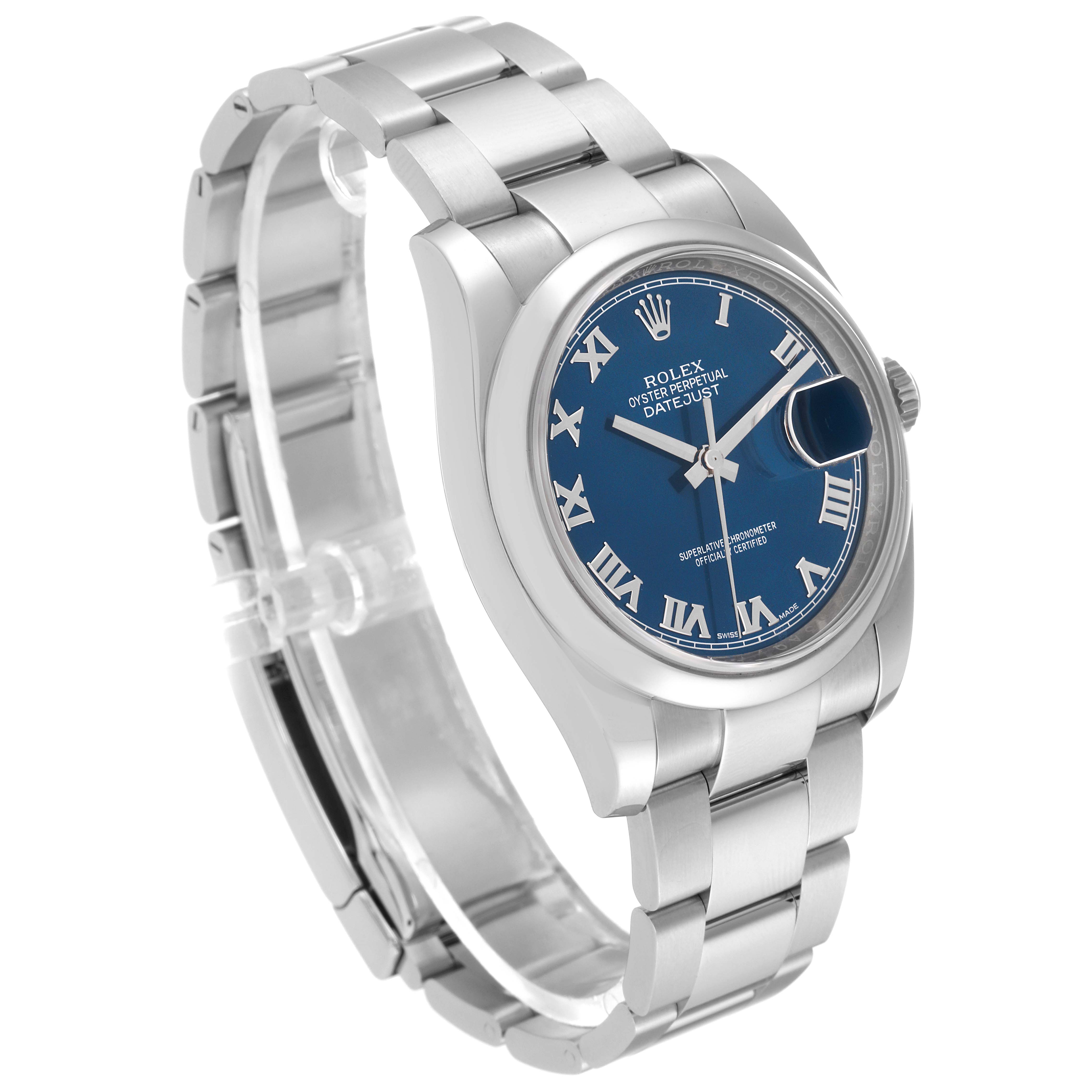 This image shows a Rolex Datejust 116200 Men's Stainless Steel Blue Dial 116200 Men's Stainless Steel Blue Dial watch with a blue Roman numeral dial and a stainless steel bracelet, viewed from a three-quarter angle.