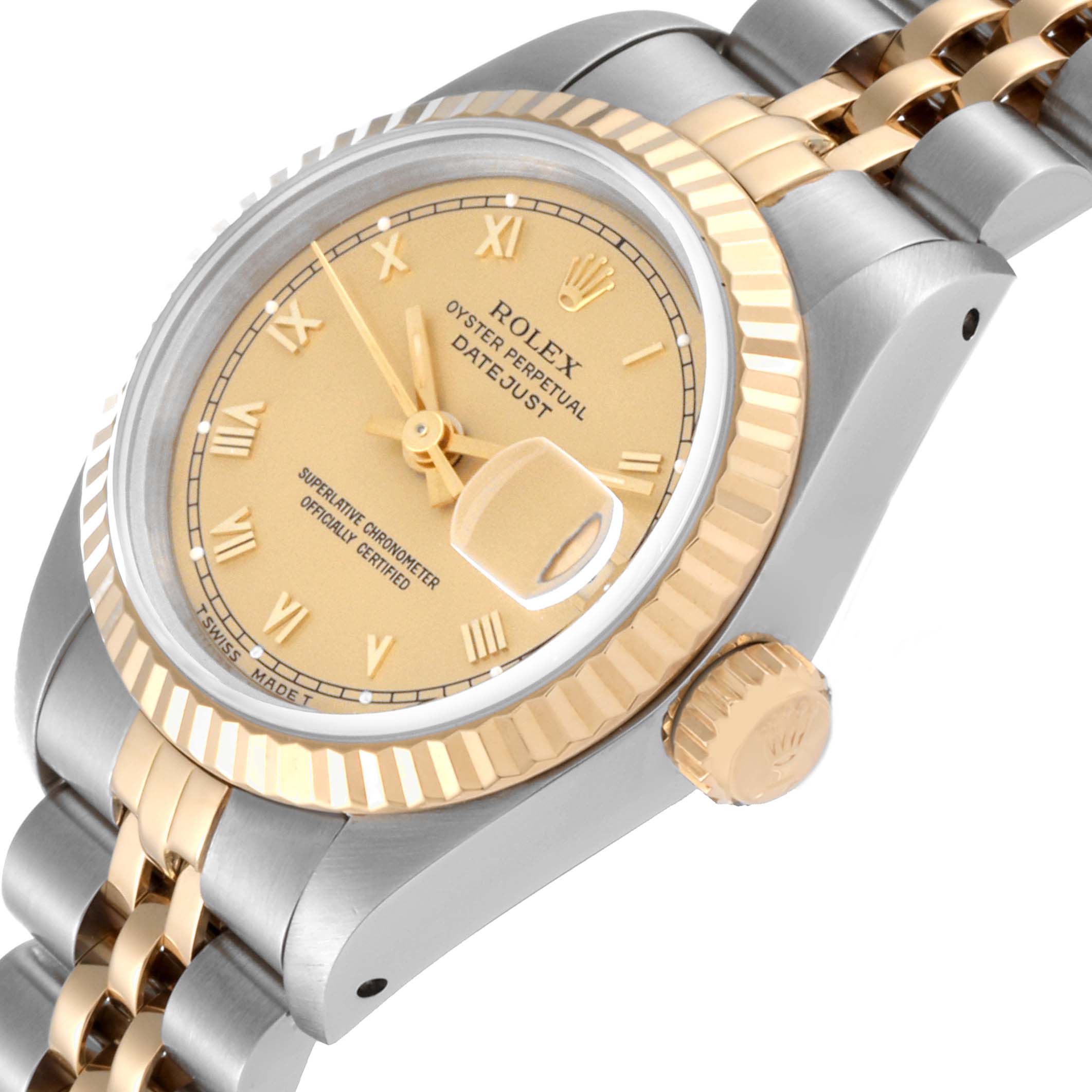 This image shows a Rolex Datejust 69173 Women's Steel and Gold (two tone) Champagne Dial 69173 Women's Steel and Gold (two tone) Champagne Dial watch from a side angle, highlighting the dial, crown, and two-tone bracelet.