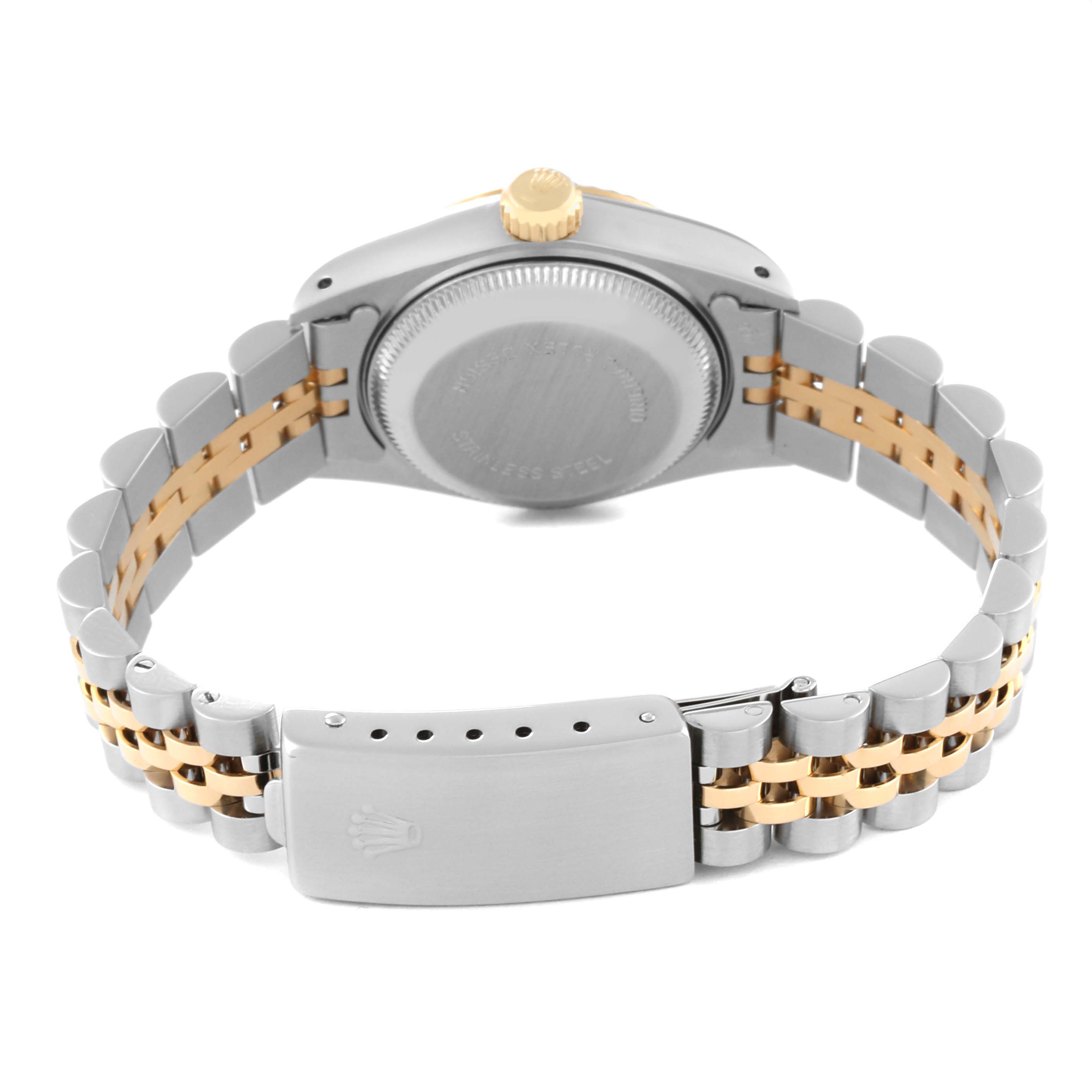 The image shows the back view of the Rolex Datejust 69173 Women's Steel and Gold (two tone) Champagne Dial 69173 Women's Steel and Gold (two tone) Champagne Dial watch, highlighting its case back, two-tone bracelet, and clasp.