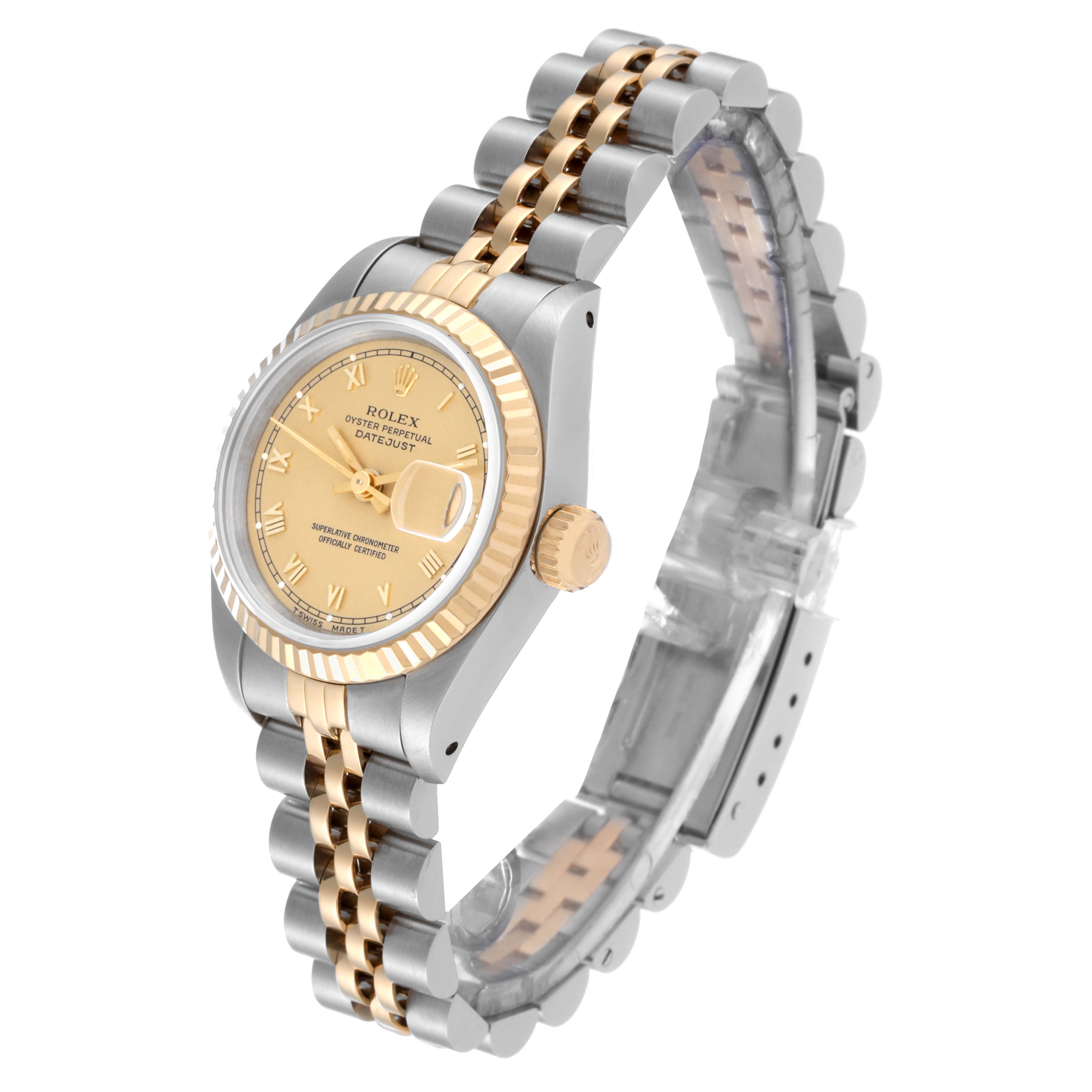 The image shows a stainless steel and gold Rolex Datejust 69173 Women's Steel and Gold (two tone) Champagne Dial 69173 Women's Steel and Gold (two tone) Champagne Dial watch angled slightly to the right, displaying its face, crown, and bracelet.