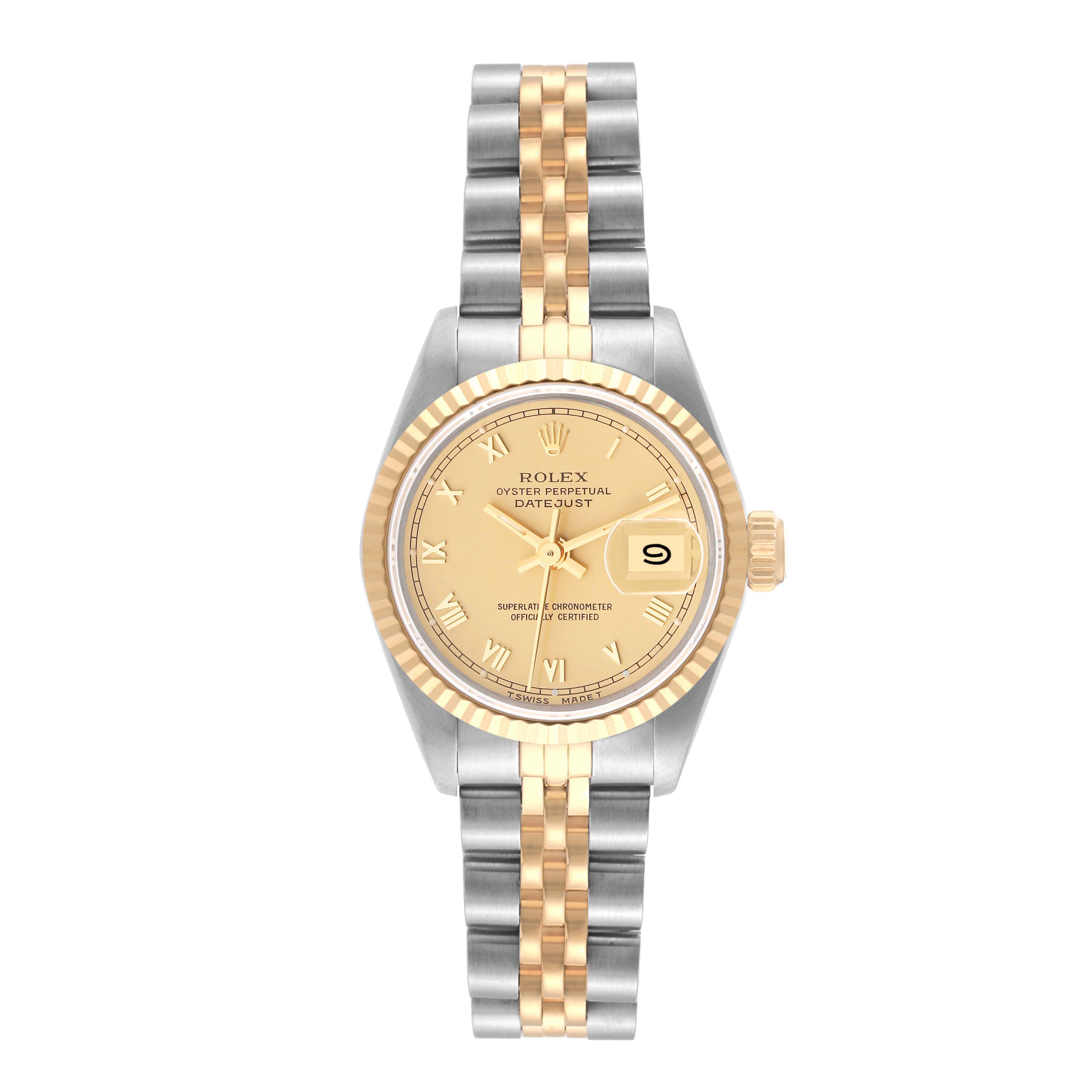 This image shows a front view of a Rolex Datejust 69173 Women's Steel and Gold (two tone) Champagne Dial 69173 Women's Steel and Gold (two tone) Champagne Dial watch, highlighting the face, bezel, and two-tone bracelet.