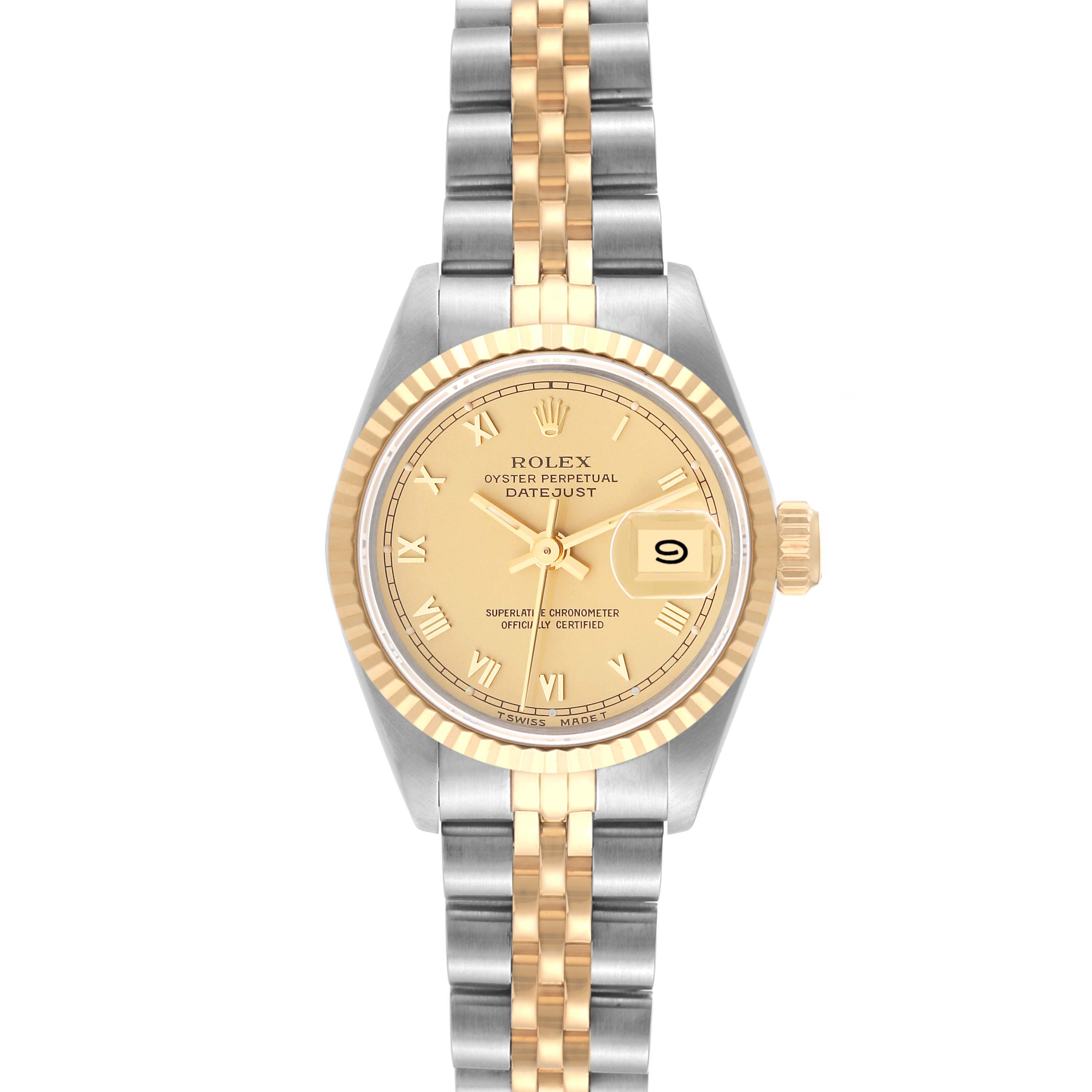 This image shows a Rolex Datejust 69173 Women's Steel and Gold (two tone) Champagne Dial 69173 Women's Steel and Gold (two tone) Champagne Dial watch from a front angle, highlighting its gold and silver two-tone design, dial, and bracelet.