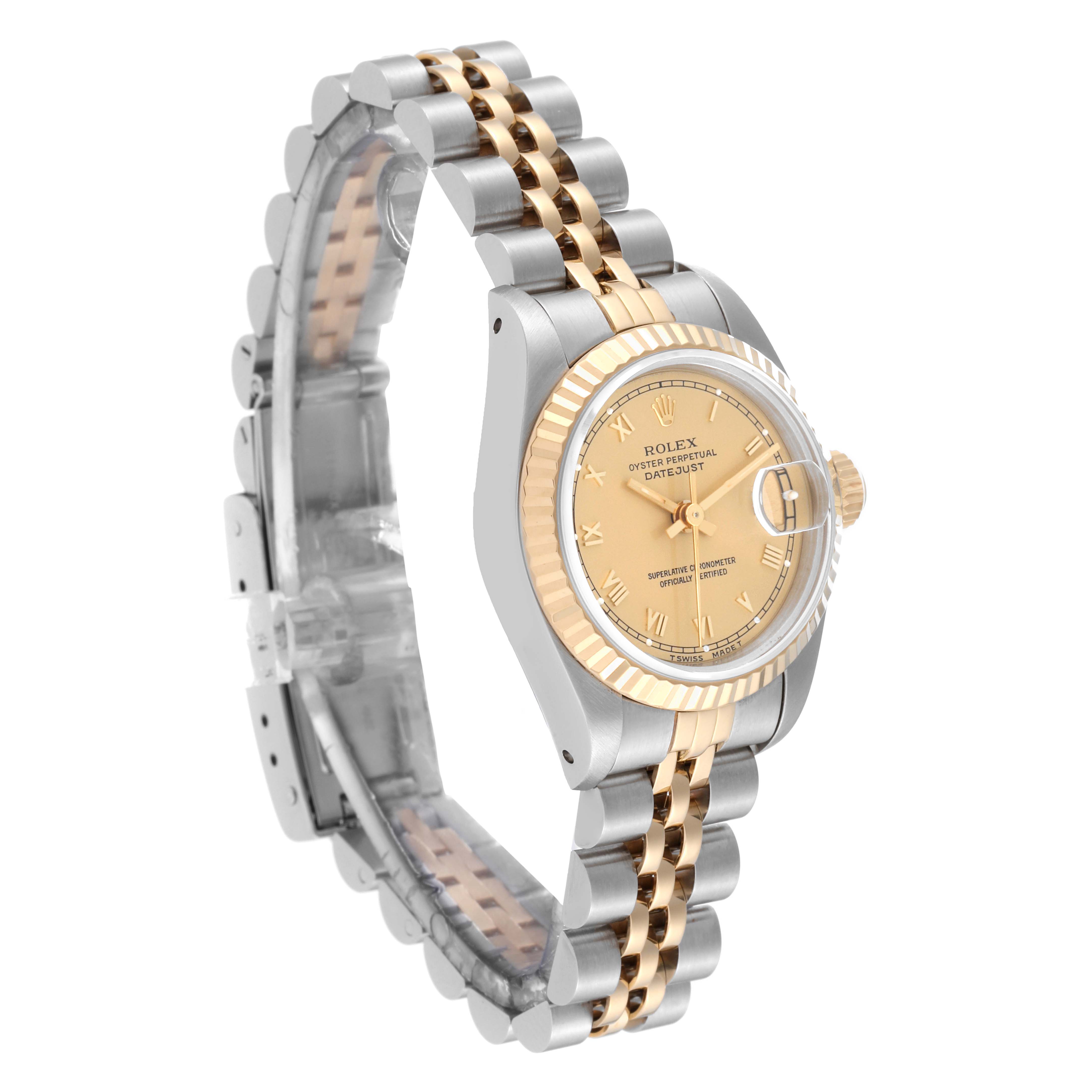 The Rolex Datejust 69173 Women's Steel and Gold (two tone) Champagne Dial 69173 Women's Steel and Gold (two tone) Champagne Dial model watch is shown from a side angle, displaying the face, bezel, and bracelet.